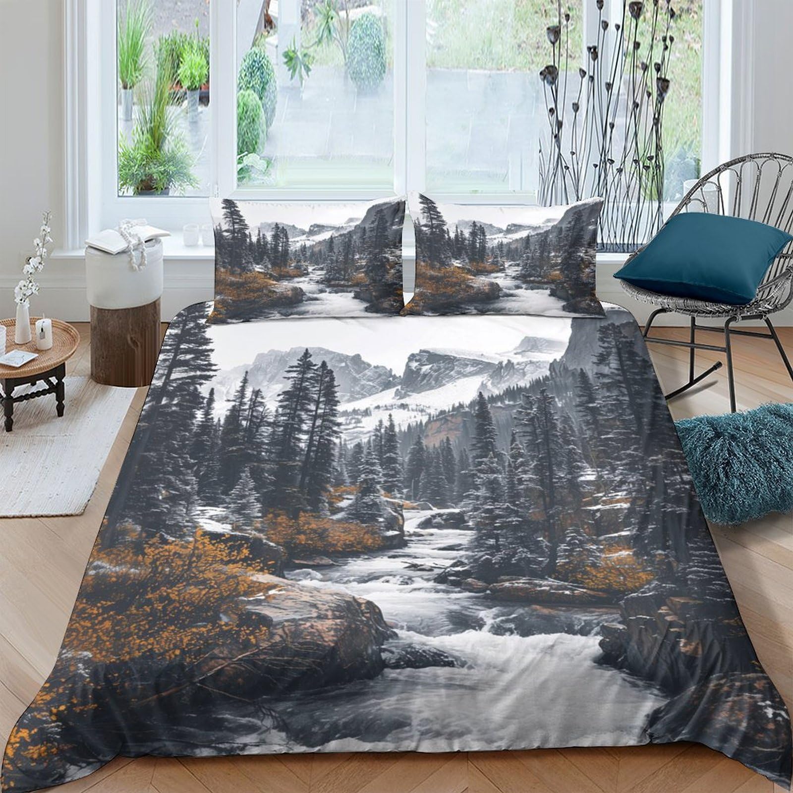Ctjqhvkz Style-5 3D Printed Mountain Forest Fitted Sheet Microfiber Soft Scenic River Bed Cover For Bedroom Dorm Guest Room Decor Single（135X200cm）