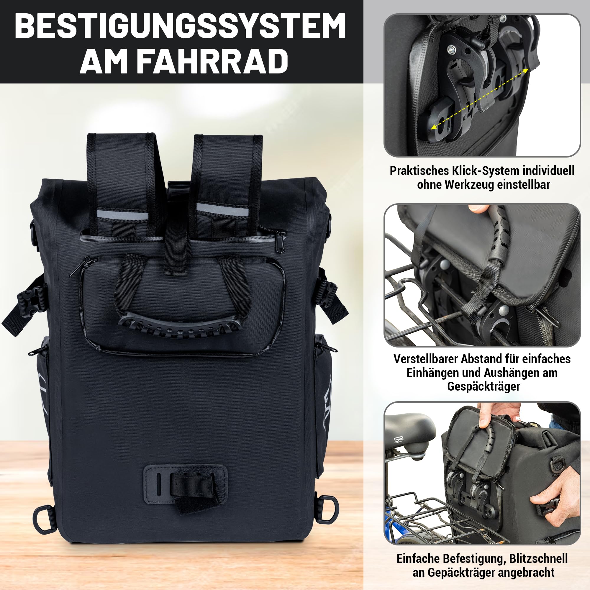 3 in1 Fahrradtasche für Gepäckträger - wasserdichte Fahrrad-Gepäcktasche, Rucksack & Umhängetasche - Fahrrad Tasche mit Laptopfach & Bodenplatte