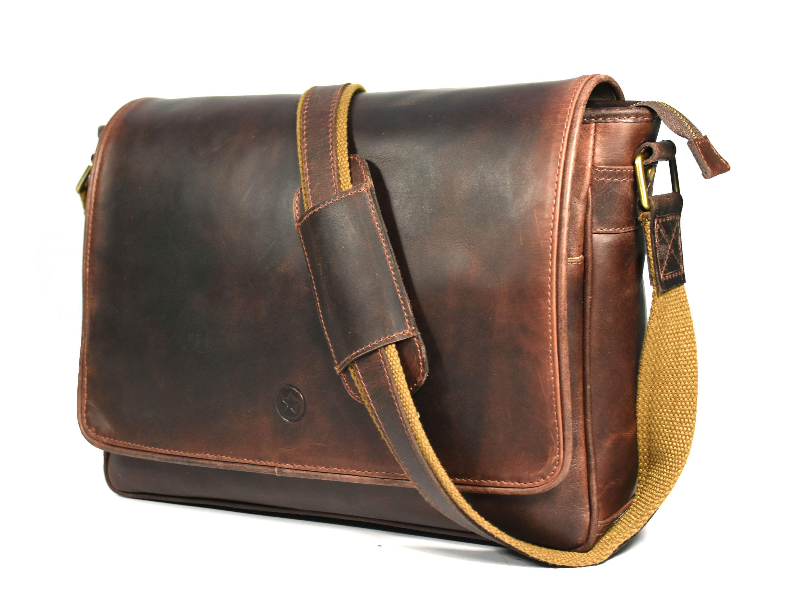 16 Crossbody Bag Leather Laptop Messenger Bag For Men with trolley sleeve for school office Walnut