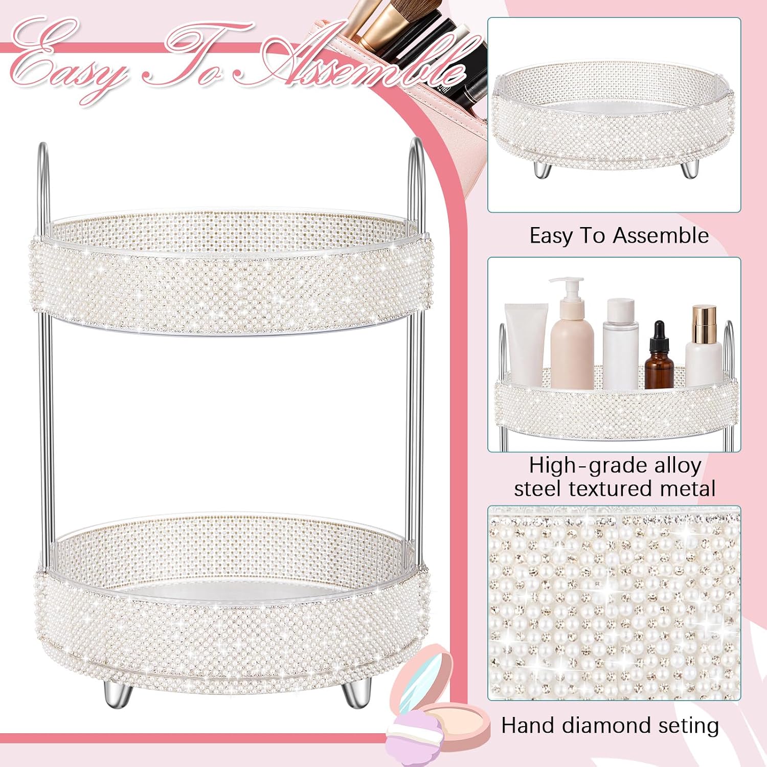 Honeydak 360 Rotating Perfume Organizer for Mother Day Nurse Day Rhinestone Bathroom Counter Organizer Makeup Holder Skincare and Perfume Storage for Cosmetic Countertop(2 Tiers,Pearl,White)