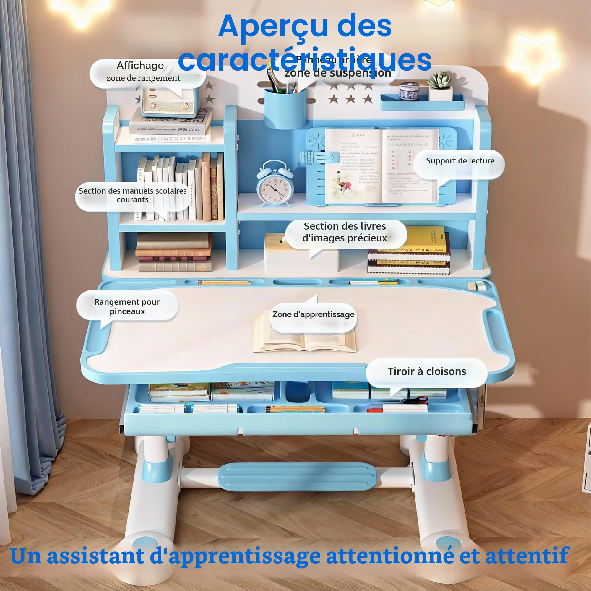 Ensemble bureau et chaise réglables pour enfants avec séparateurs et tiroirs, bureau d'étude avec chaise ergonomique, table et chaises pour enfants pour écrire, lire (rose)