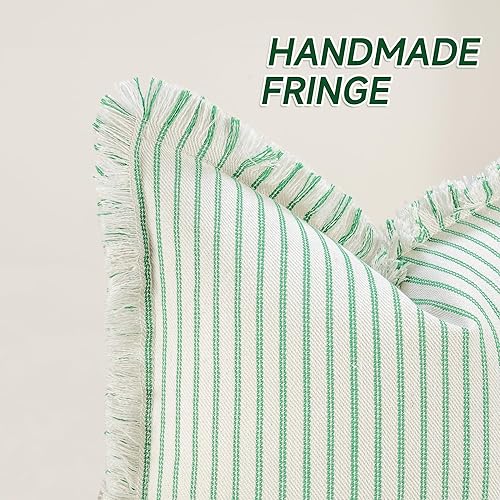 Miniatura 2 de ZWJD Juego de 2 fundas de almohada de 18 x 18 pulgadas, fundas de almohada de rayas verdes con flecos, fundas decorativas de algodón, fundas