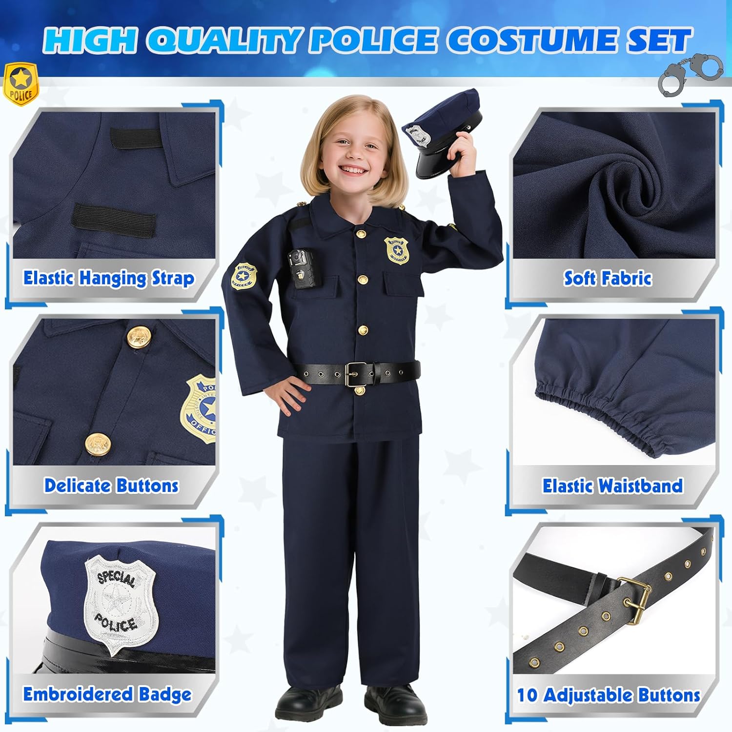 IVENRXIU Police Costume for Kids, Cop Pretend Play Toys for Dress Up, Role Play Set with Handcuffs, Flashlight, Police Badge for Kids Boys and Girls 3-8, Halloween Costumes, Birthday Christmas Gifts
