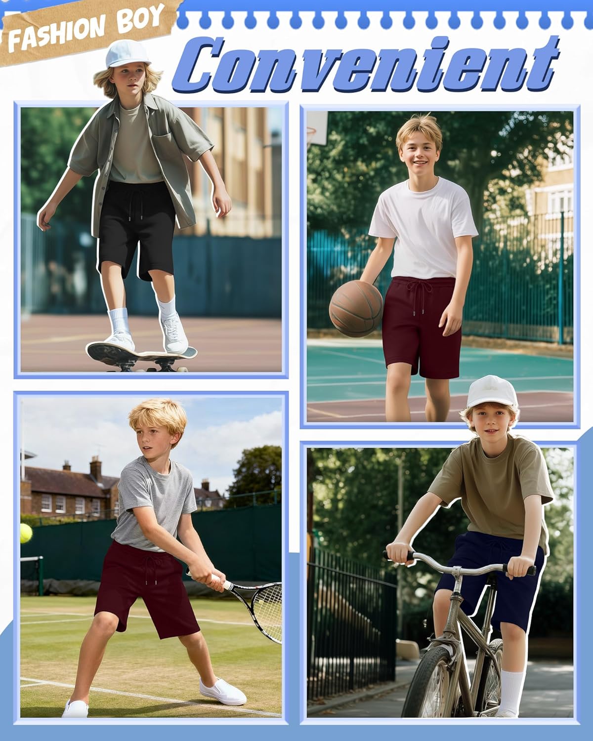 3 Pack Boys Shorts with 3 Pockets 5-14 Years Drawstring Elastic Youth Loose Sweat Shorts Kids Casual Summer Bottom