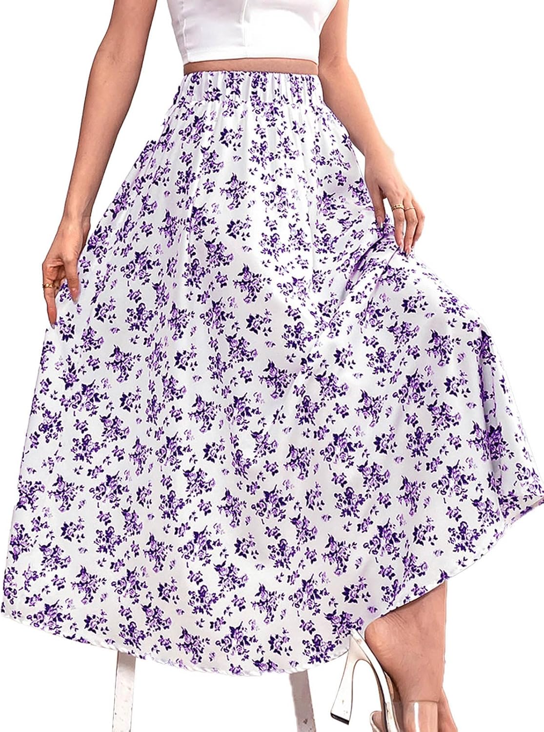 MSLG Women's Flowy Elastic High Waist Skirts Trendy Summer 2026 Boho Casual Beach Holiday Floral Print A Line Midi Skirt 802 - Image 4