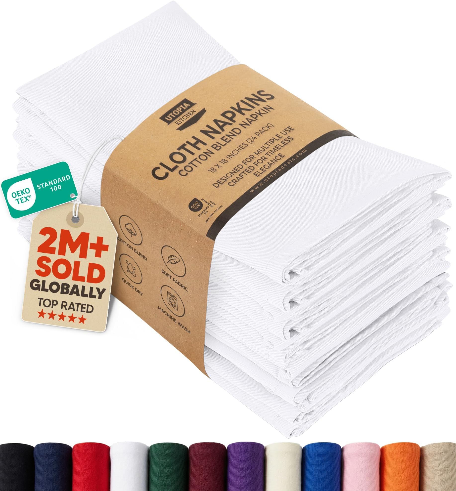 Utopia Kitchen Cloth Napkins [12 Pack] 46x46cm, Cotton Blend Washable and Reusable Table Dinner Napkins for Hotel, Lunch, Restaurant, Weddings, Event and Parties (White)