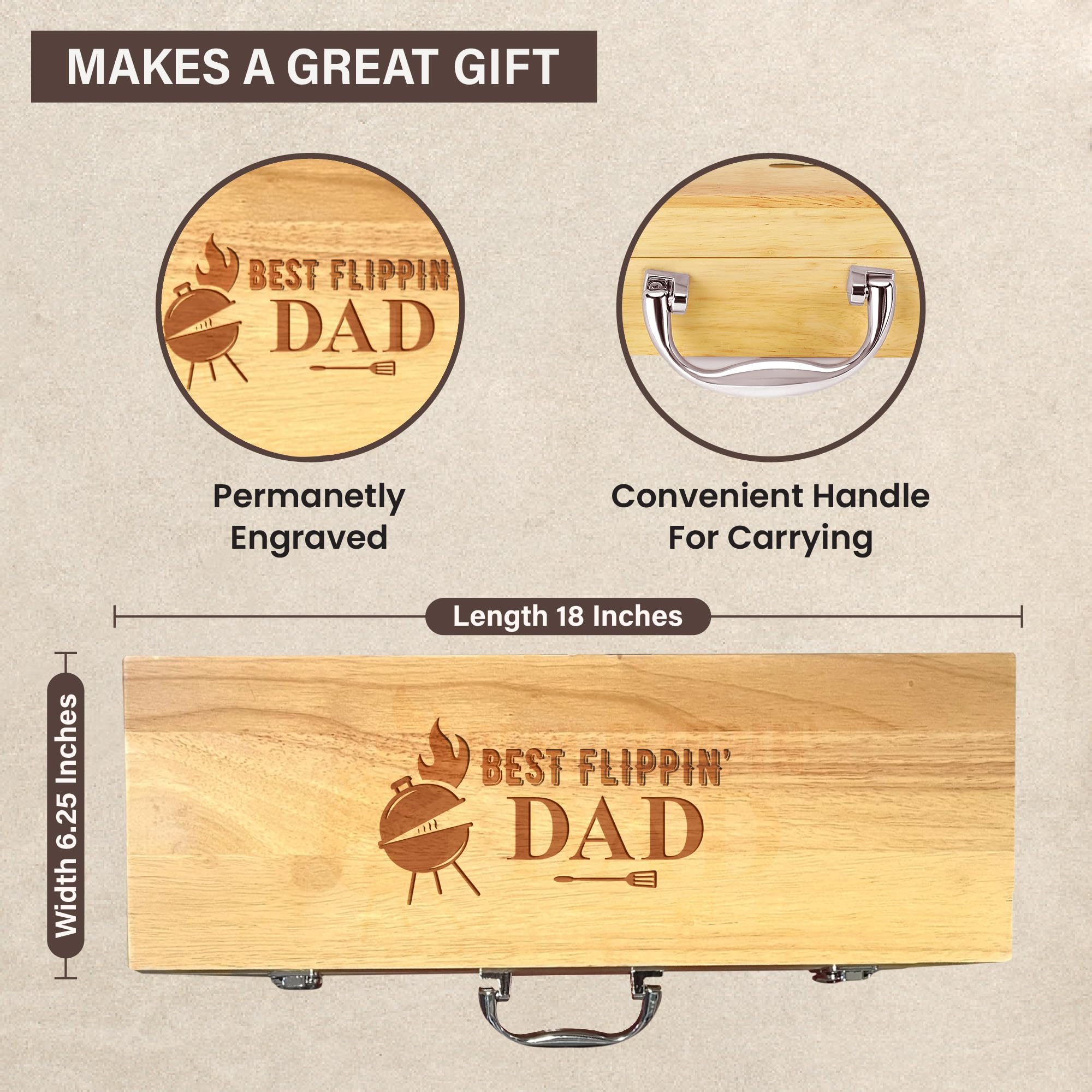 11-teiliges BBQ Grillset mit gravierter Ahornholzbox, Edelstahl-Werkzeuge mit Holzgriffen, ideales Geschenk für Papa zum Geburtstag, Vatertag - Best Flipping Dad