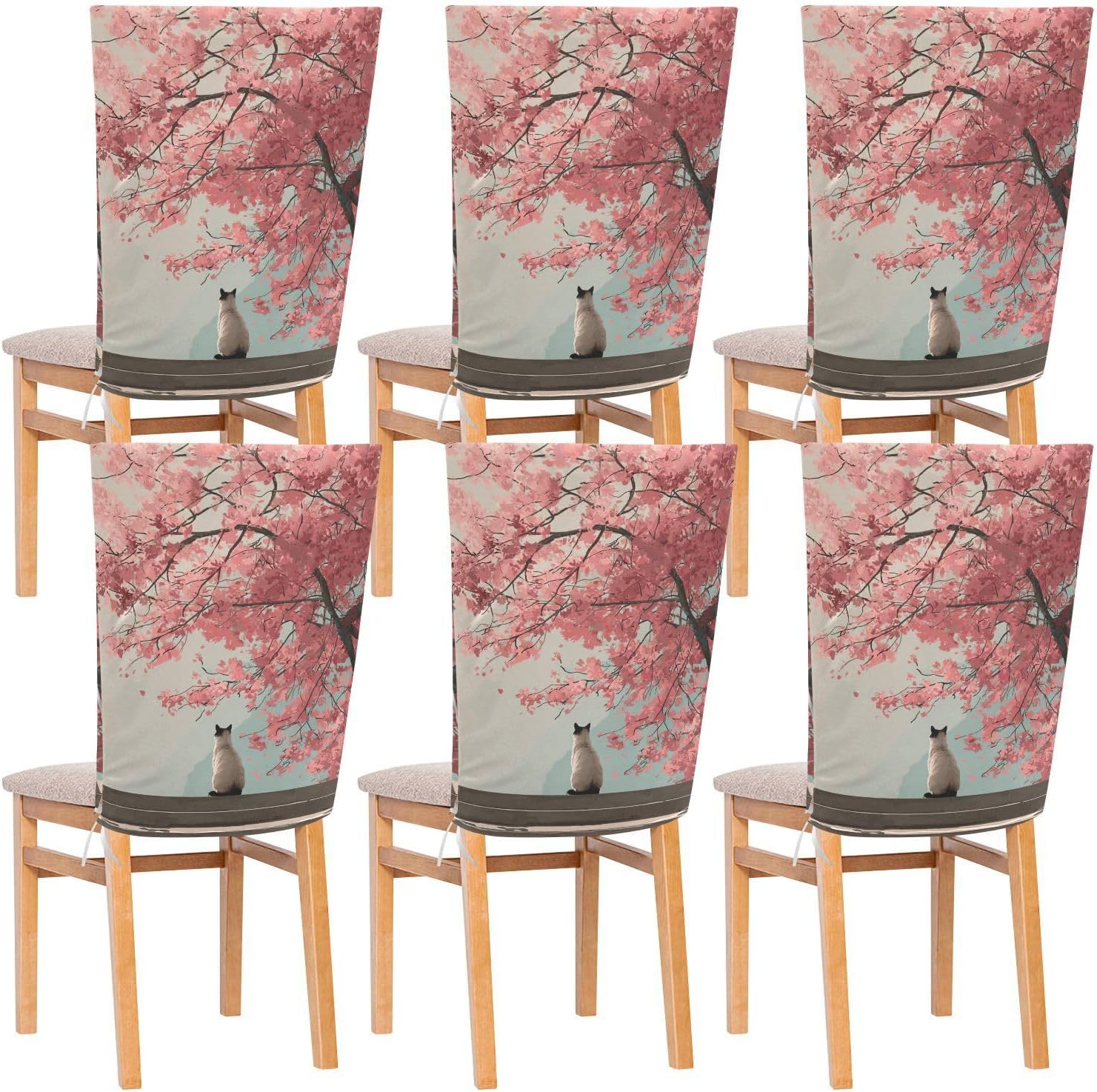 ALAZA Cute Cats Cherry Flowers Japanese Style Chair Back Cover Set of 6, Washable Reusable Removable Chair Slipcovers Decorative Chair Cover for Home Kitchen Wedding Party