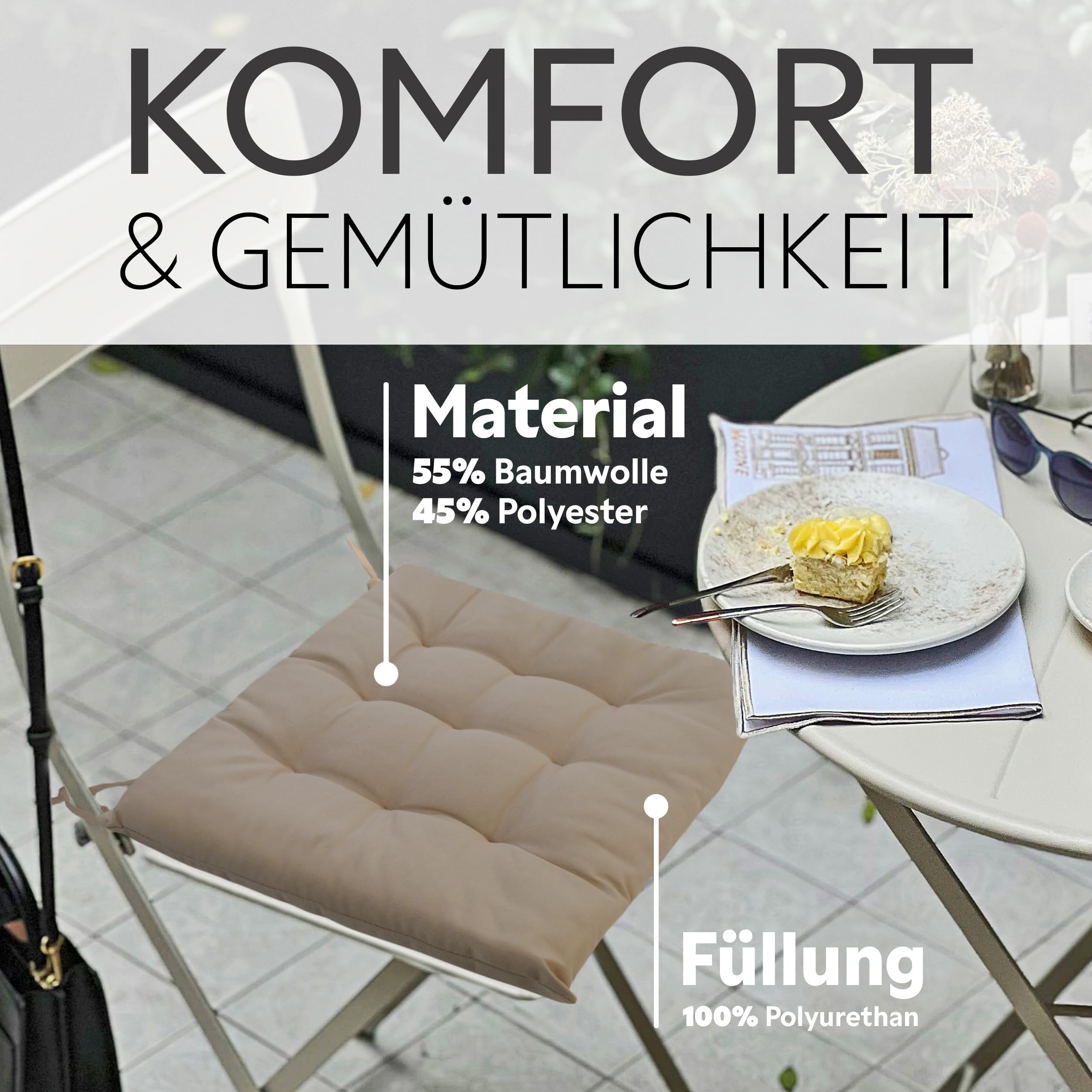 Brandsseller 6er Set Stuhlkissen 40x40x5 cm Sitzkissen Polster Stuhlauflage mit Haltebändern Dekokissen für Indoor Outdoor gesteppt - Taupe