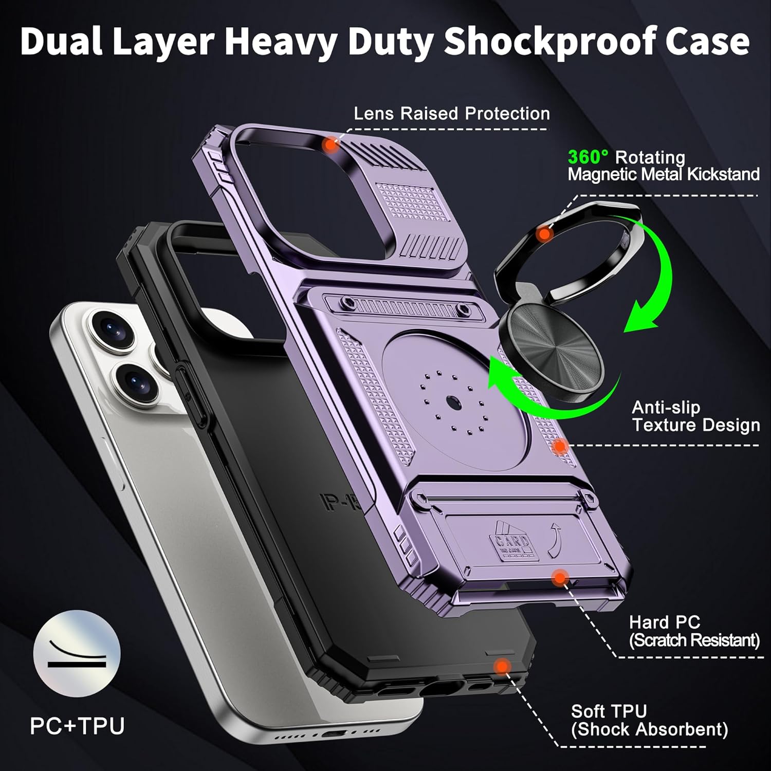 Vofolen for iPhone 15 Pro Max Case Wallet with Card Holder [Store 2 Cards] + 360° Magnetic Rotated Ring Kickstand, Heavy Duty Drop Protection Wallet Phone Case for iPhone 15 Pro Max 6.7 Inch Purple - Image 3