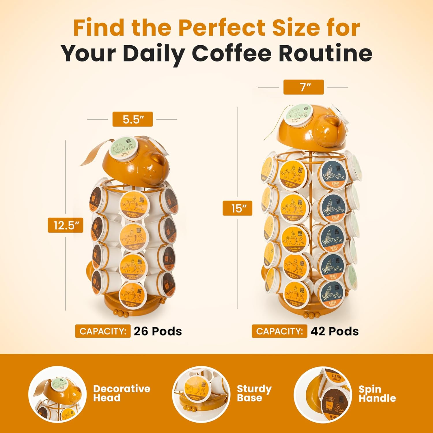 Made Easy Kit Carousel Coffee Pod Holder - Compatible with Keurig K-Pods K-Cups - Countertop 360 Spin Rack Storage Organizer - Revolving Base - Capsule Café Station Bar (Dog Brown, Large)