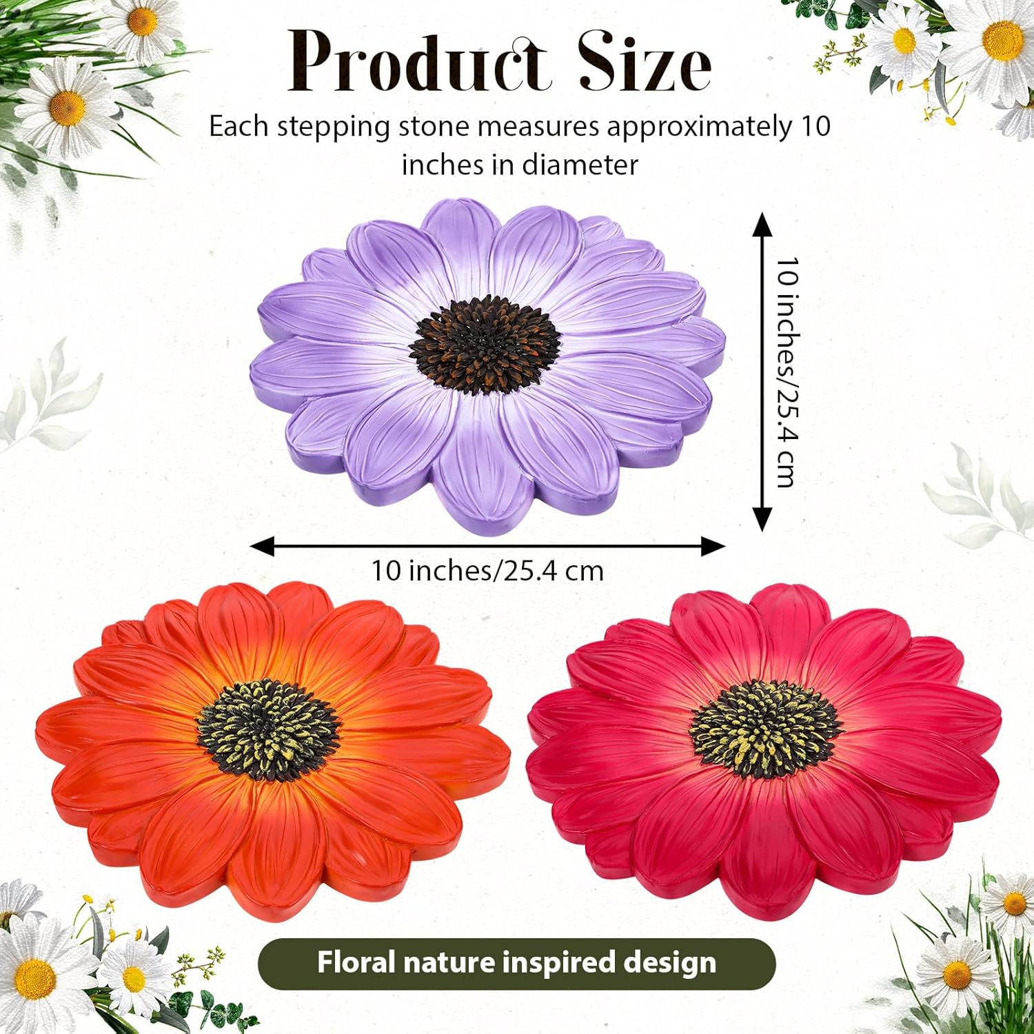 Cinnvoice 3 Pack Garden Stepping Stone Outdoor, Decorative Dimensional Resin Stepping Stones for Patio Pathway Landscaping Walkway Sculpture Yard Backyard Lawn(Daisy,10 Inches)