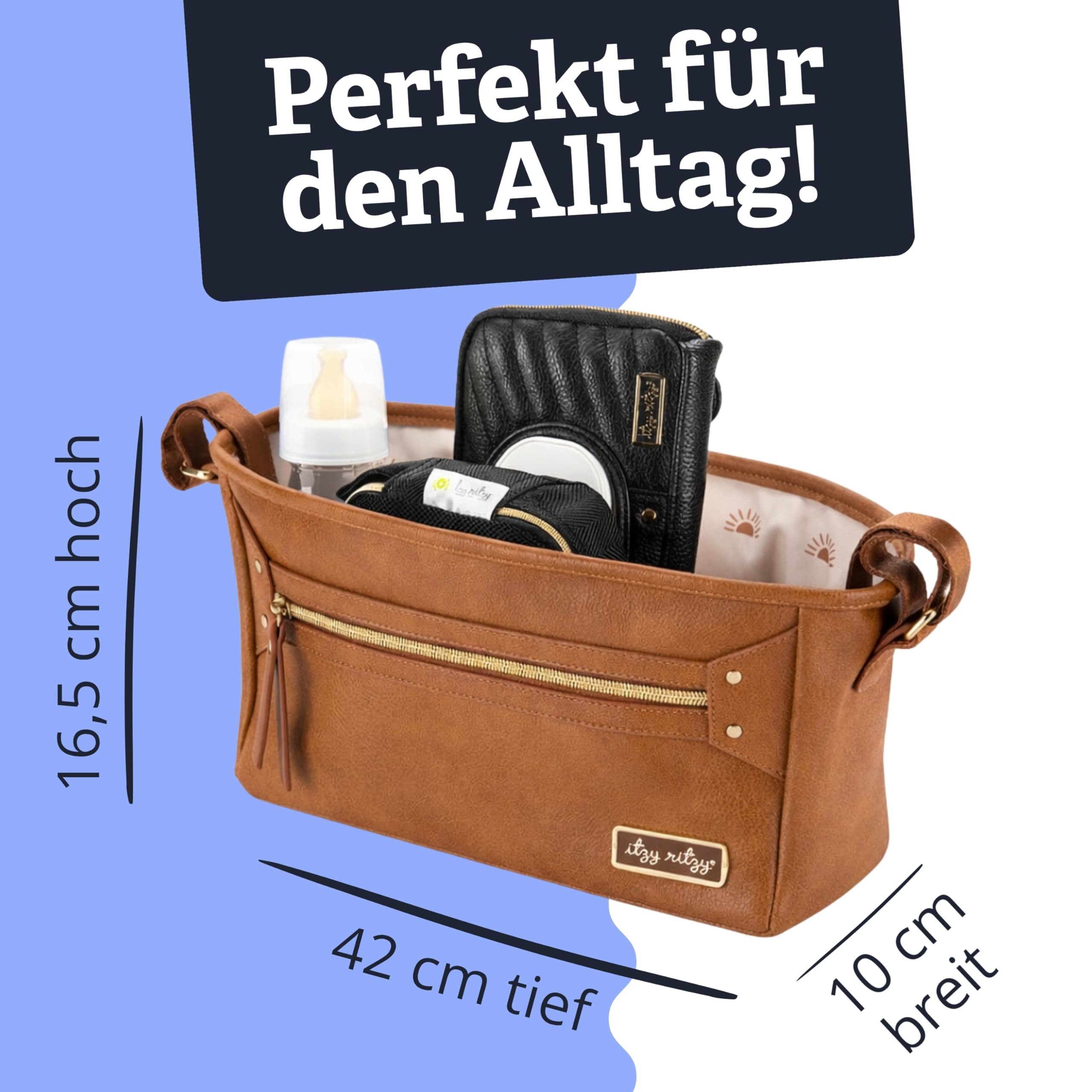 Itzy Ritzy Kinderwagen Organizer Tasche – Universal Kinderwagen Organizer mit Getränkehaltern – Stilvolle Buggy Tasche aus veganem Leder – Kinderwagen Zubehör für Eltern – Kaffee & Sahne