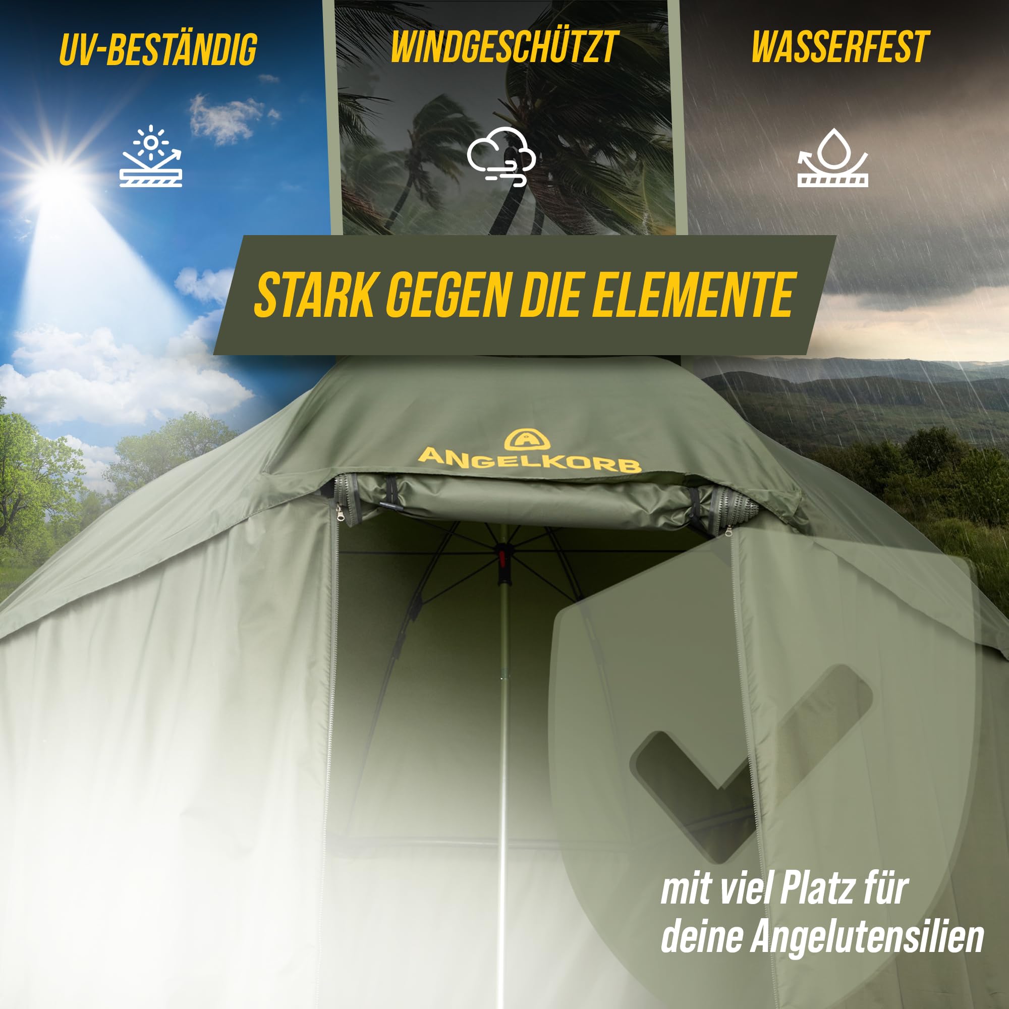 Angelschirm mit Seitenwand 2,50 m – Angel Sonnenschirm & Schirmzelt, wasserabweisend, Moskitoschutz, 45° neigbar – Karpfenzelt für Camping & Outdoor