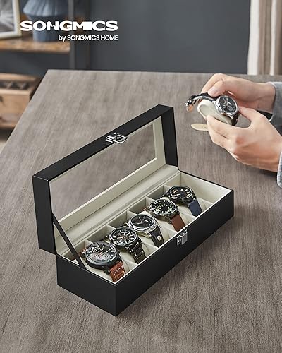 Miniatura 2 de SONGMICS Caja de reloj caja de reloj de 6 ranuras con tapa de cristal grande almohadas de reloj extraíbles organizador de caja de reloj regalo para