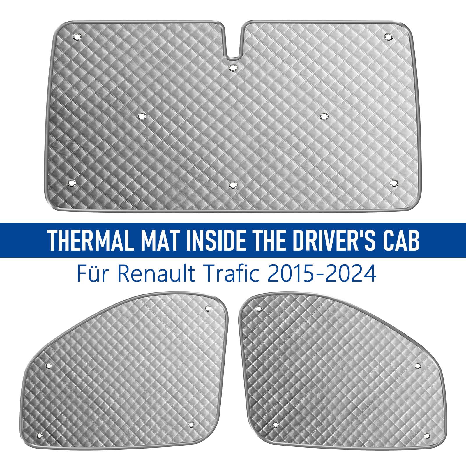 Thermomatten Trafic 2015–2024/Vivaro 2014–2018 | 3-TLG., UV-Schutz | Isolierende Fahrerhaus-Frontscheibenabdeckung für Windschutzscheibe und vordere Seitenfenster, Wärme- und Kälteschutz