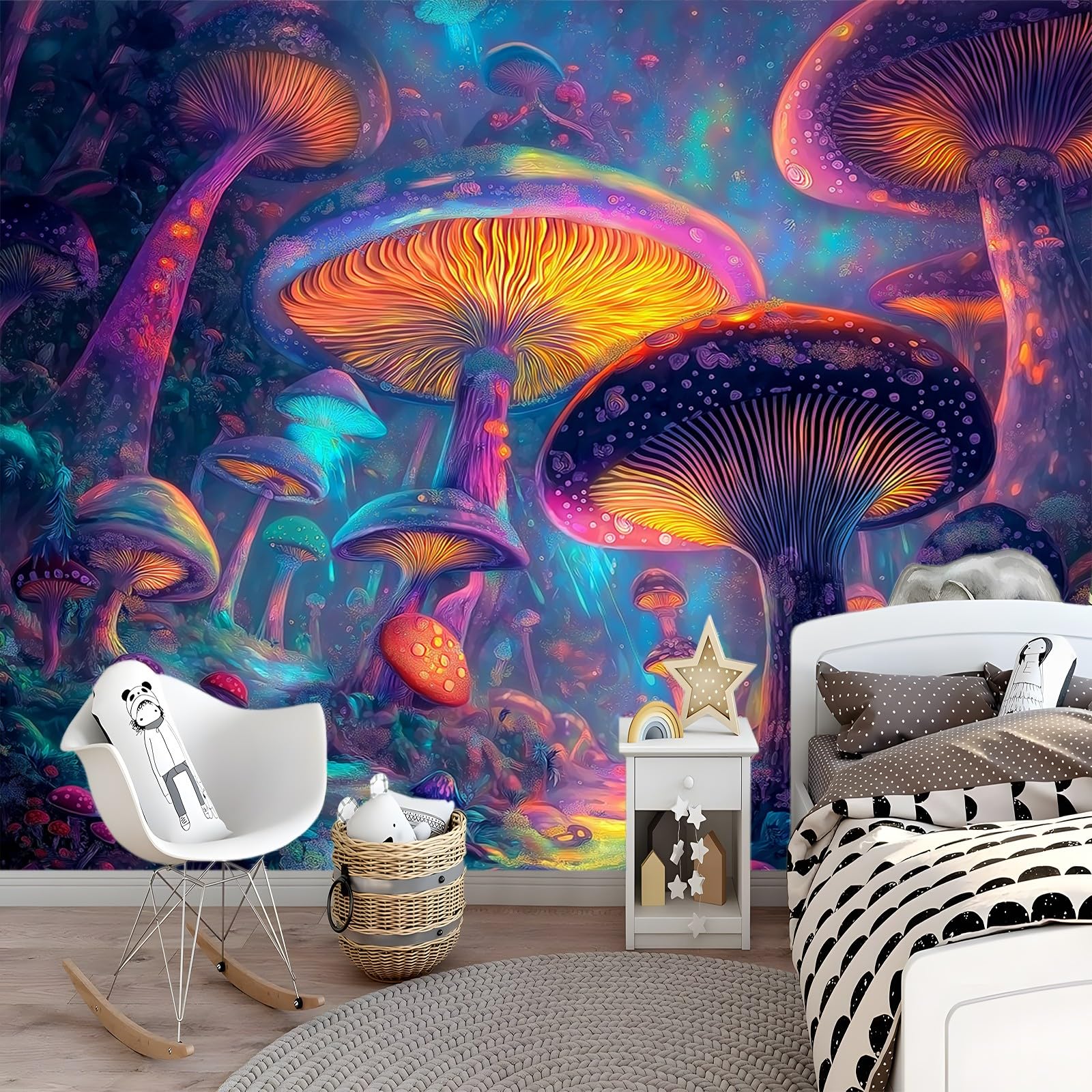 Panoramiczna tapeta fantasy kolorowy las grzyb 200 x 140 cm (szer. x wys.), gigantyczny plakat ścienny 3D nowoczesna tapeta dekoracja ścienna salon sypialnia sypialnia sypialnia biuro sypialnia tapety