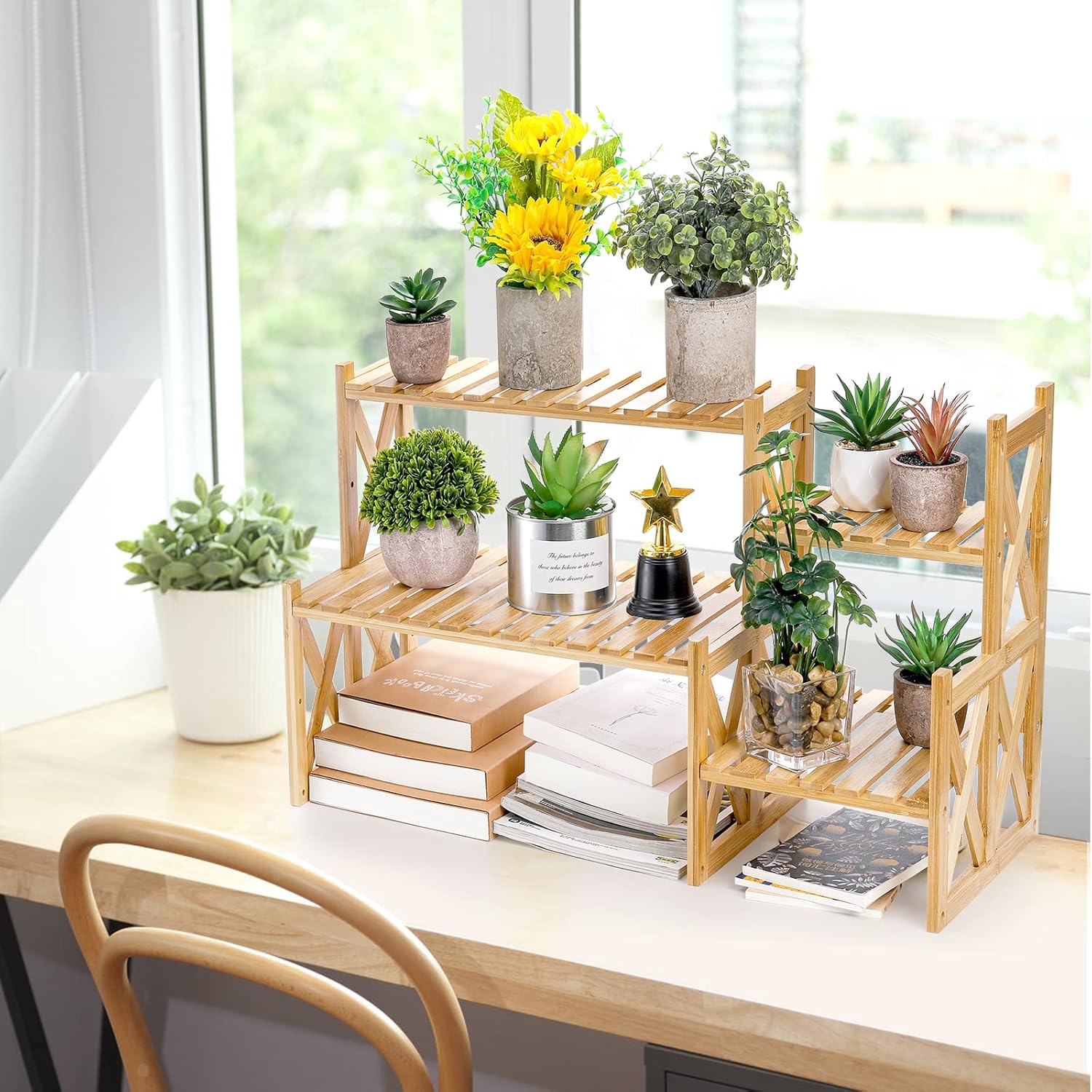 Lawei 2 Tier Bamboo Tabletop Plant Stand, Adjustable Flower Pot Holder Shelf Planter Display Stand, Small Desktop Ladder Plant Rack for Indoor Outdoor Home Patio Lawn Garden Balcony Organizer