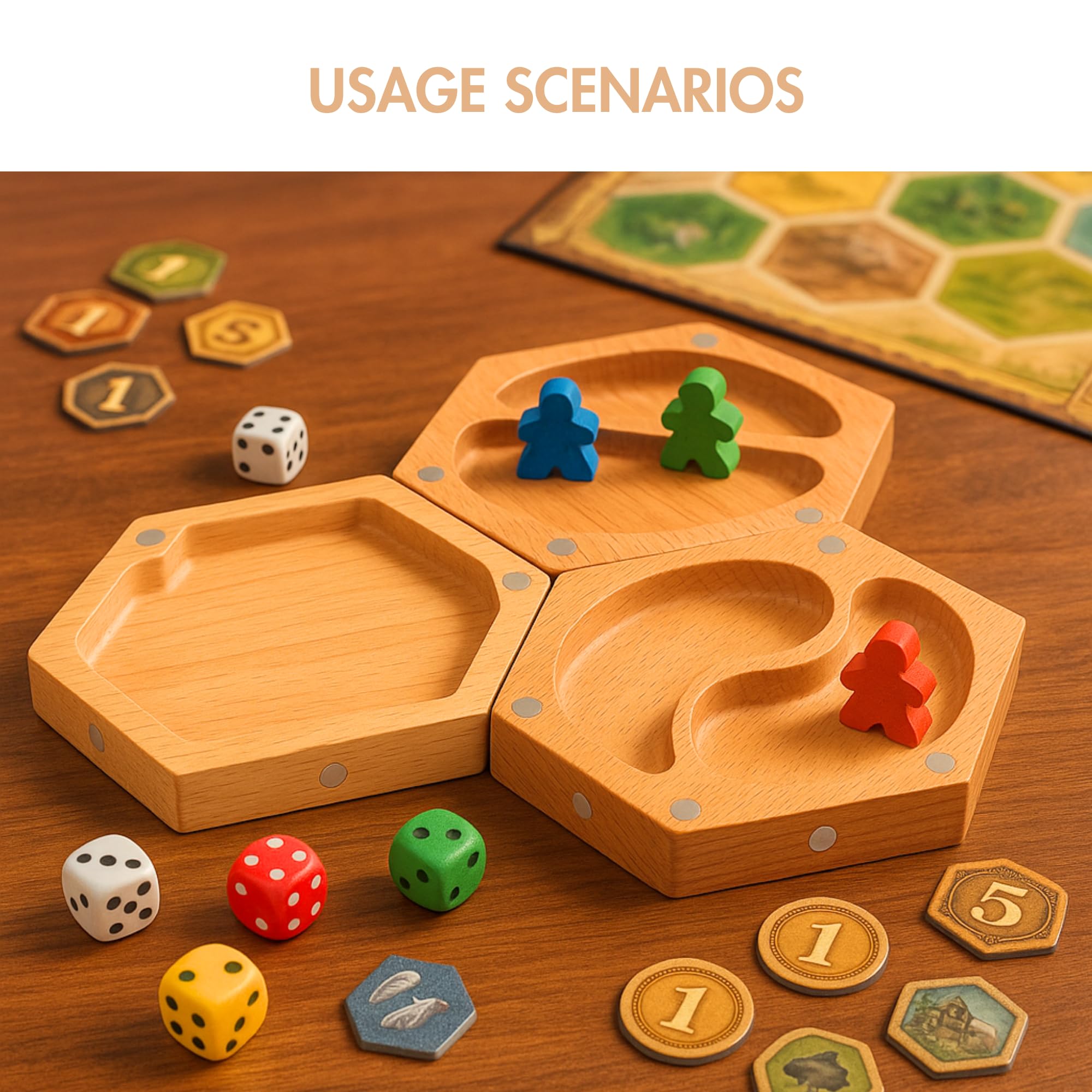 Juego de bandejas magnéticas de madera (7 piezas) | Organizador modular hexagonal para juegos de mesa, dados, tarjetas y miniaturas