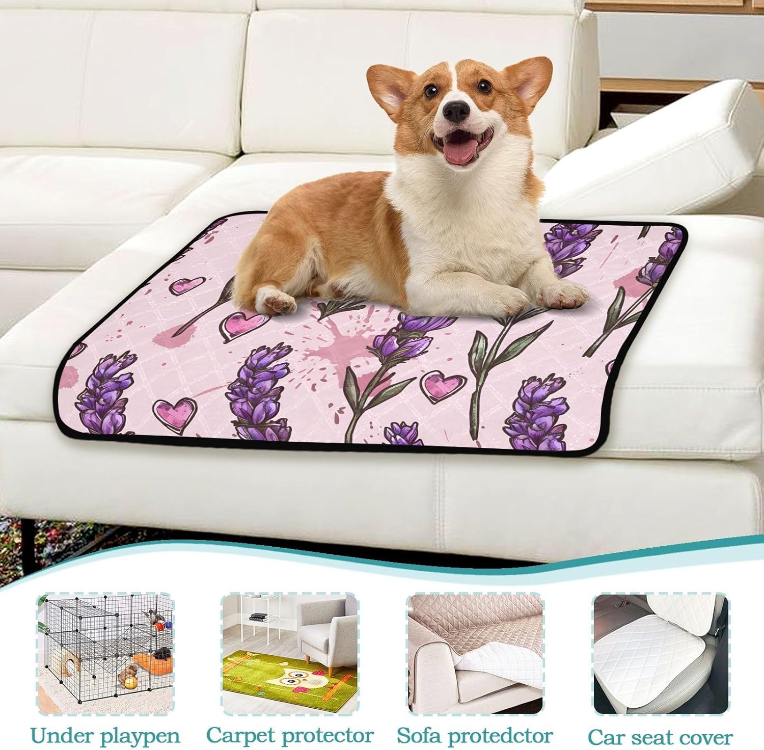 Lavender Flower Floral Heart Pet Mat Reusable Feeding Mats for Food and Water Non-Slip Pee Pads for Dogs Cats 2 Packs