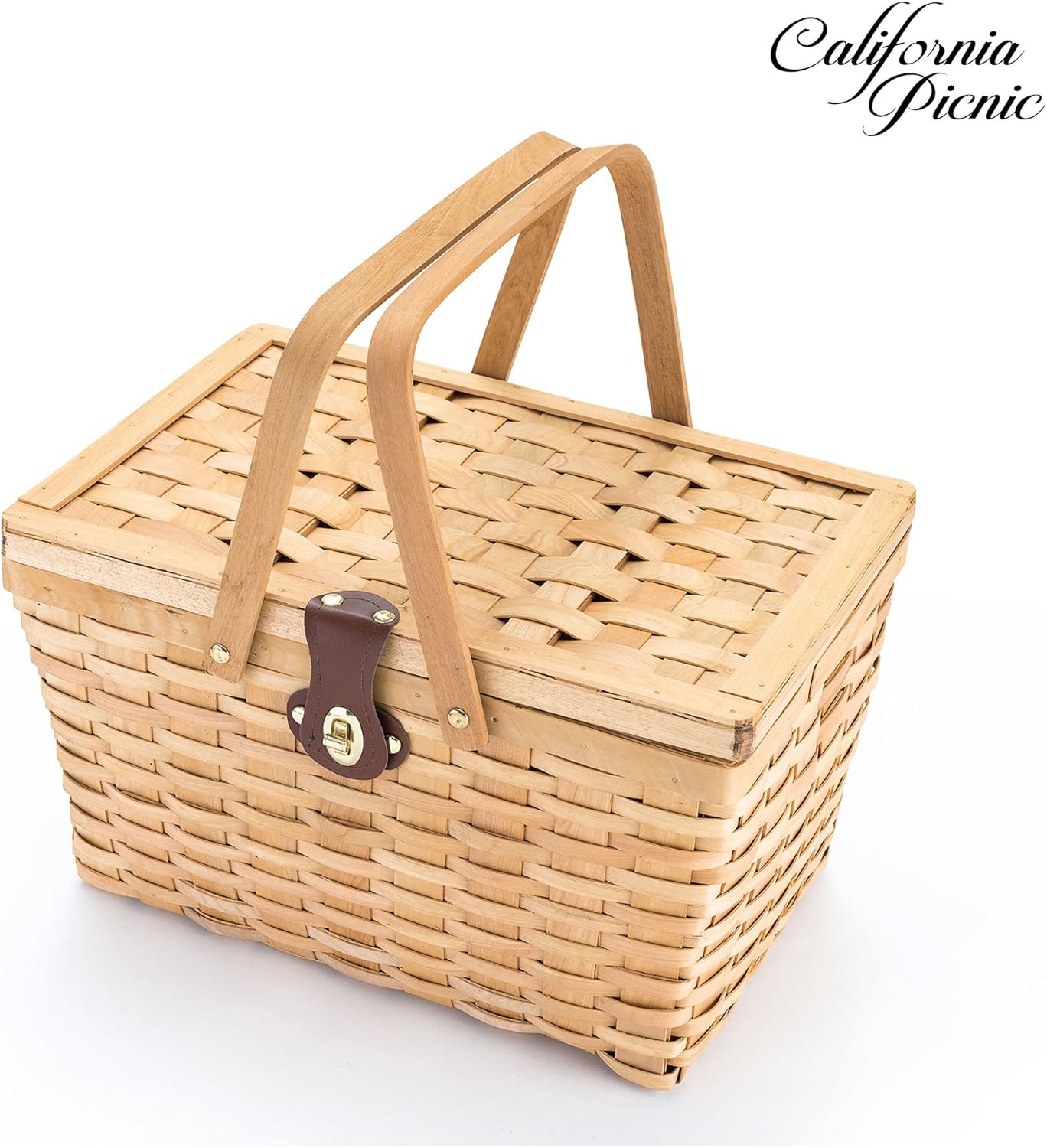 Picnic Basket | Wood Chip Design | Red and White Gingham Pattern Lining | Strong Wooden Folding Handles | Features a Leather Strap Metal Lock for Safety | Natural Eco Friendly Woven Woodchip Basket