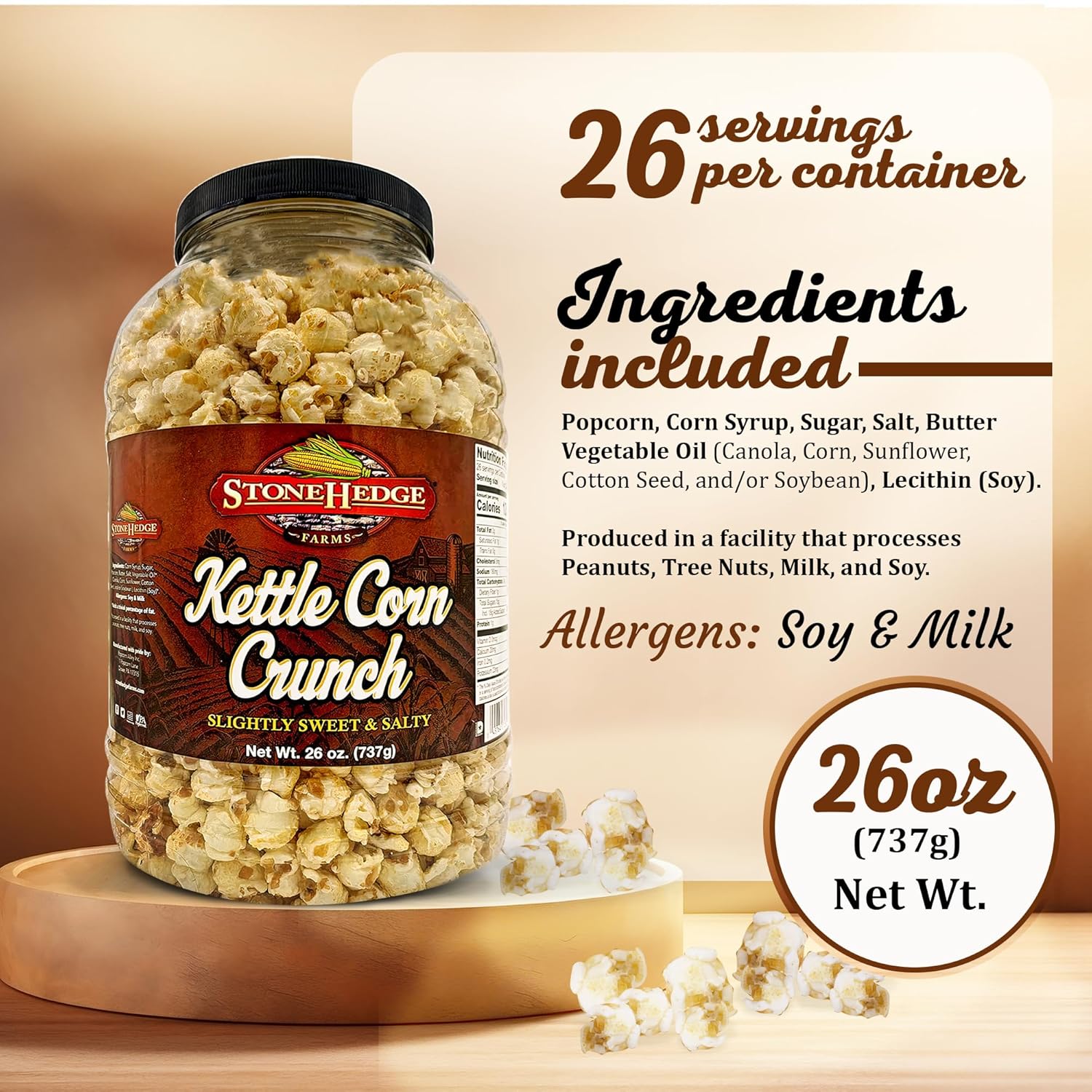 Stonehedge Farms Kettle Corn Crunch Flavored Popcorn | 26 oz Tub (Pack of 2) | Reclosable Barrels | Perfect for Holidays and Christmas | Bulk Popped Gourmet Kettlecorn Pop Corn