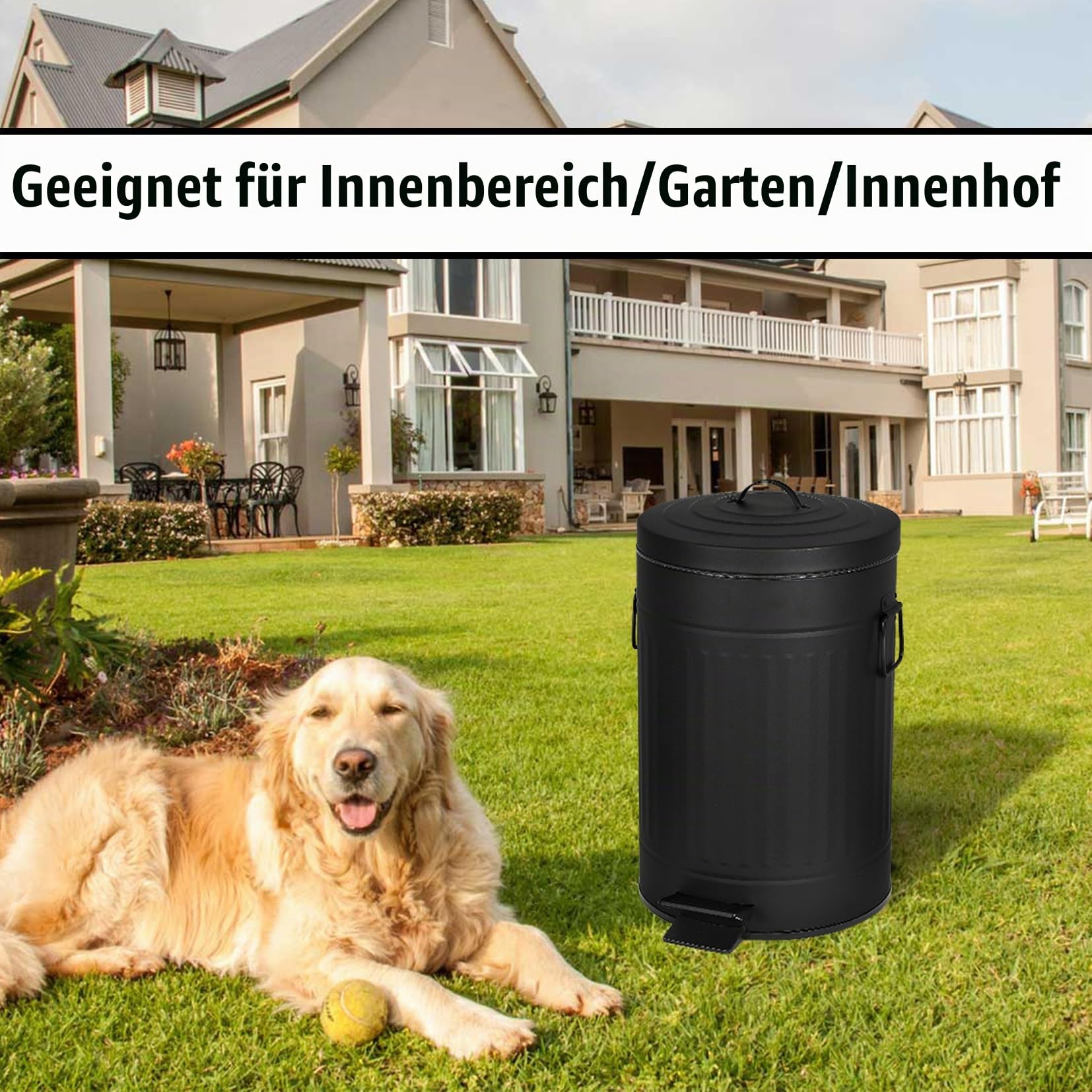 Hundekot-Mülleimer mit Deckel für draußen, 12 l Mülleimer mit Aktivkohlefilter und Plastiktüten, Haustierabfallbehälter,UP12L-BK-Y+90BK,DE