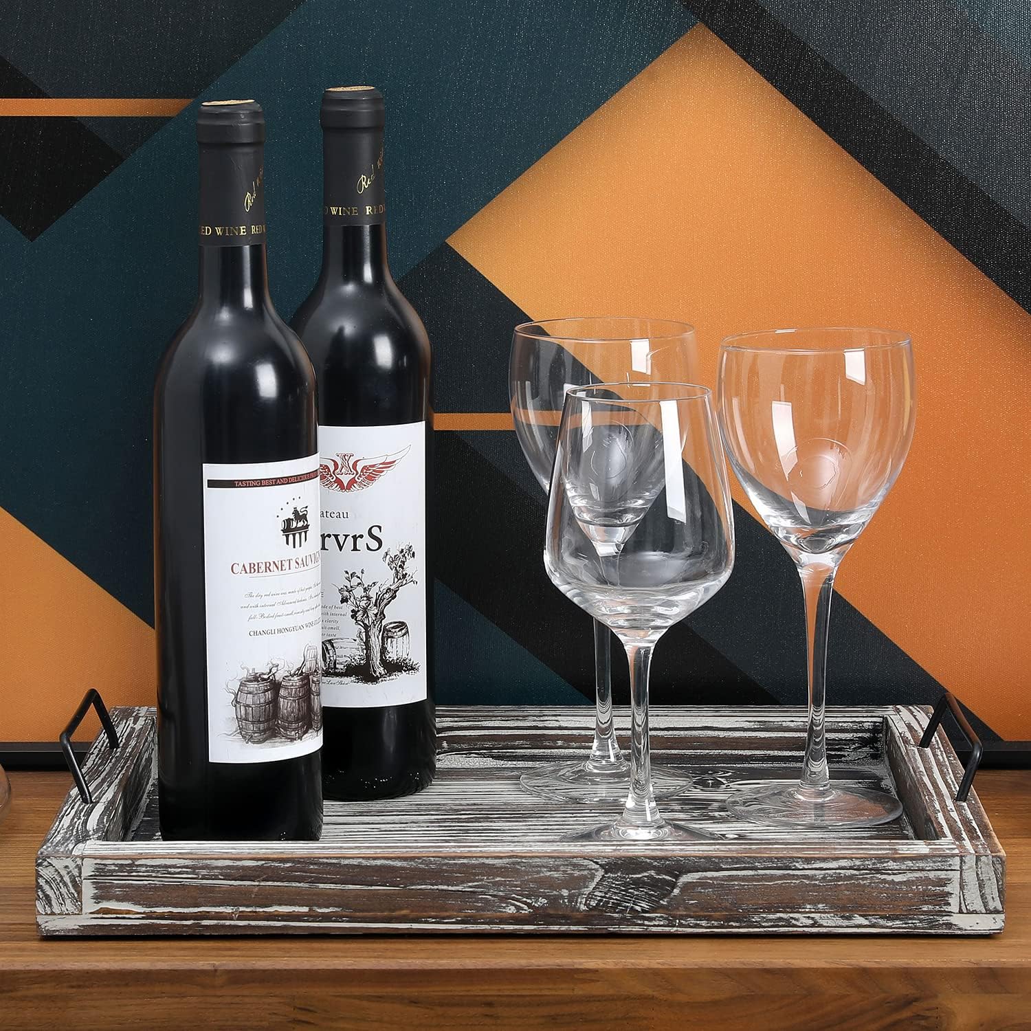 New Deal MyGift Torched Brown Wood Serving Trays with Handles, Rectangular Breakfast Ottoman Tray, Set of 2