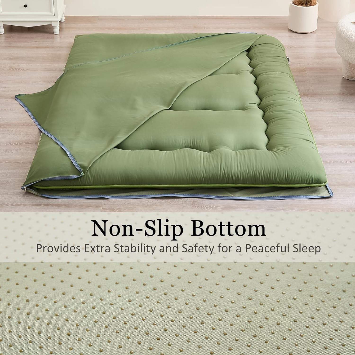 Zelladorra Anti-Slip Futon Mattress Cover Twin Size, Japanese Floor Mattress Cover with Zipper, Machine Washable (Green)