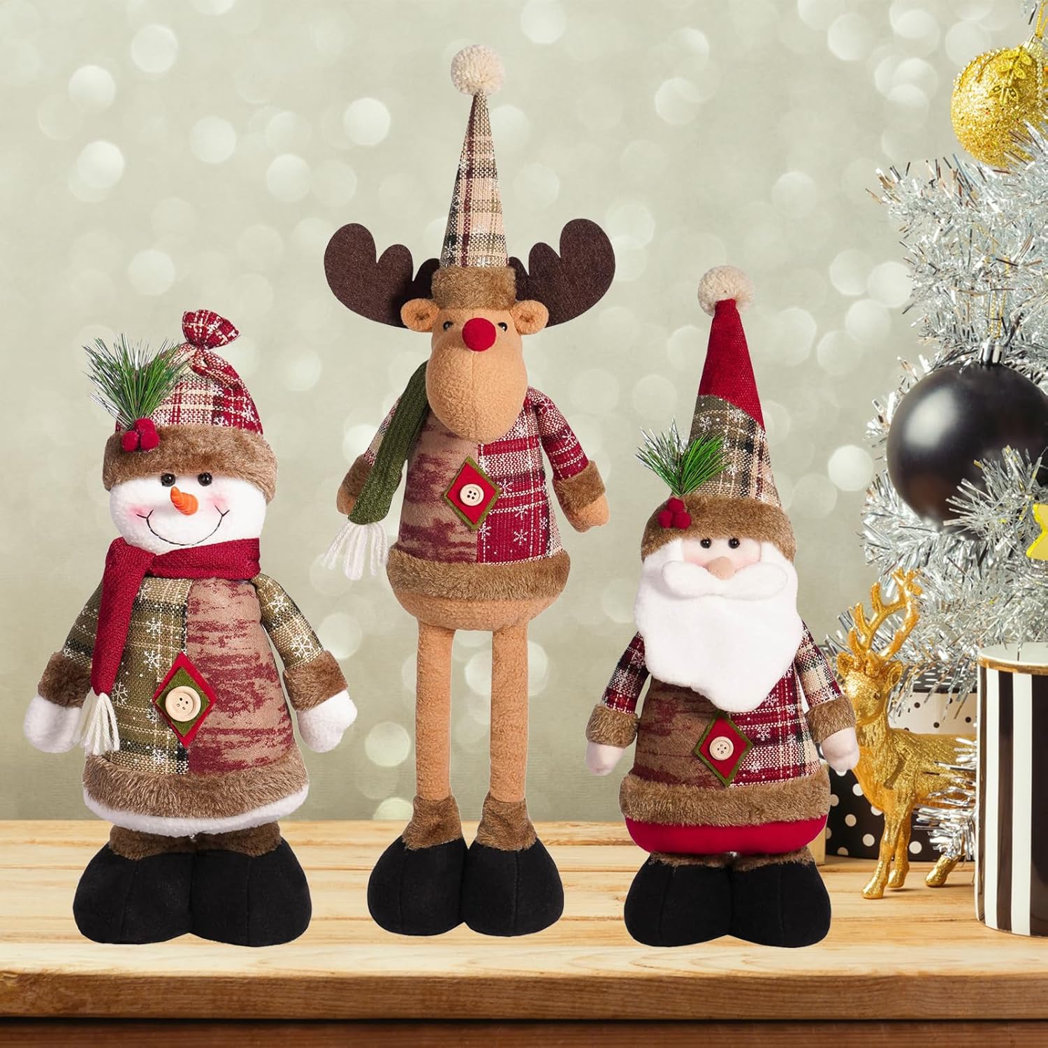 Christmas Retractable Long Legs Large Gnome, Handmade Xmas Doll Figurine Ornaments for Party, Santa Plush Standing Decorations, Holiday Decor Gifts (deer)
