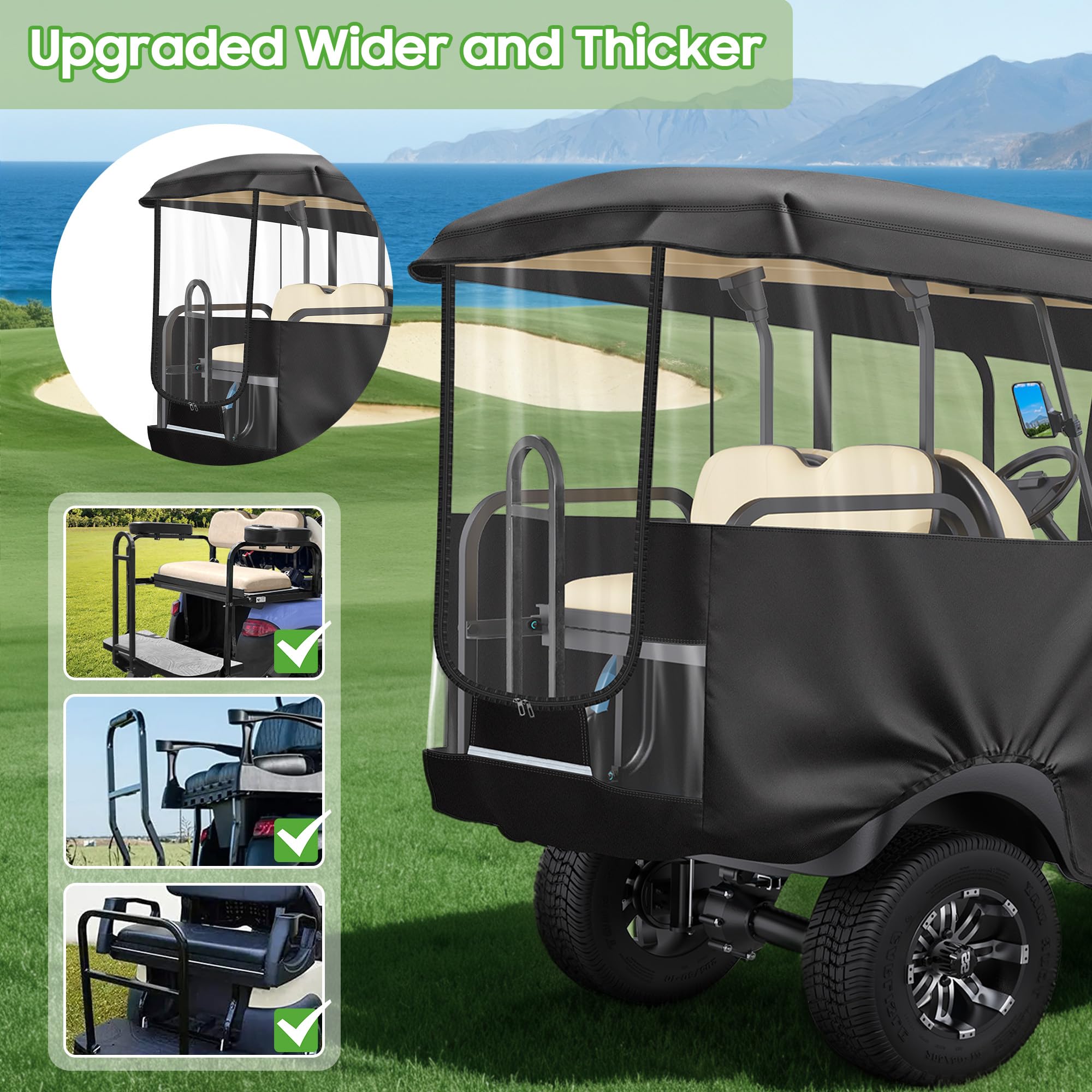 10L0L Funfa Buggy Golf para 4 pasajeros Club Car Precedente 240cm Techo extendido, 600D Cubierta Impermeable de Alta Resistencia con 4 Puertas Aberturas de PVC Transparente para Espejos Laterales