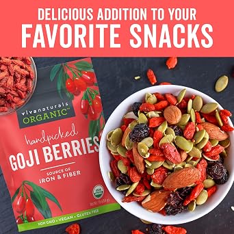 Viva Naturals Organic Dried Goji Berries, 1 lb (454 g) Non-GMO, Vegan Wolfberries, Perfect for Goji Berry Tea, Smoothies, Baking & Snacking