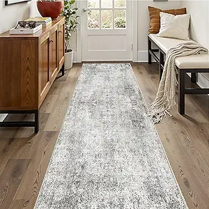 Washable Area Rugs 2'x10' Non-Slip Modern Abstract Soft for Living Room Entryway Bedroom Nursery, Print Pattern, Gray White Grey