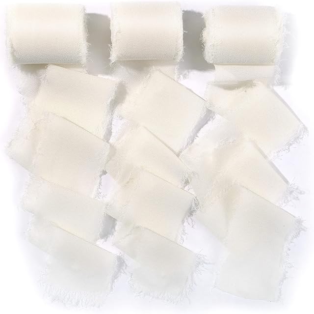 GWHOLE Chiffon Ribbon Ivory Ribbon 6 Rolls 2 Inch × 6Yd Silk Ribbon Handmade Fringe Frayed Edges Ribbon for Wedding Invitations, Bridal Bouquets, Gift Wrapping