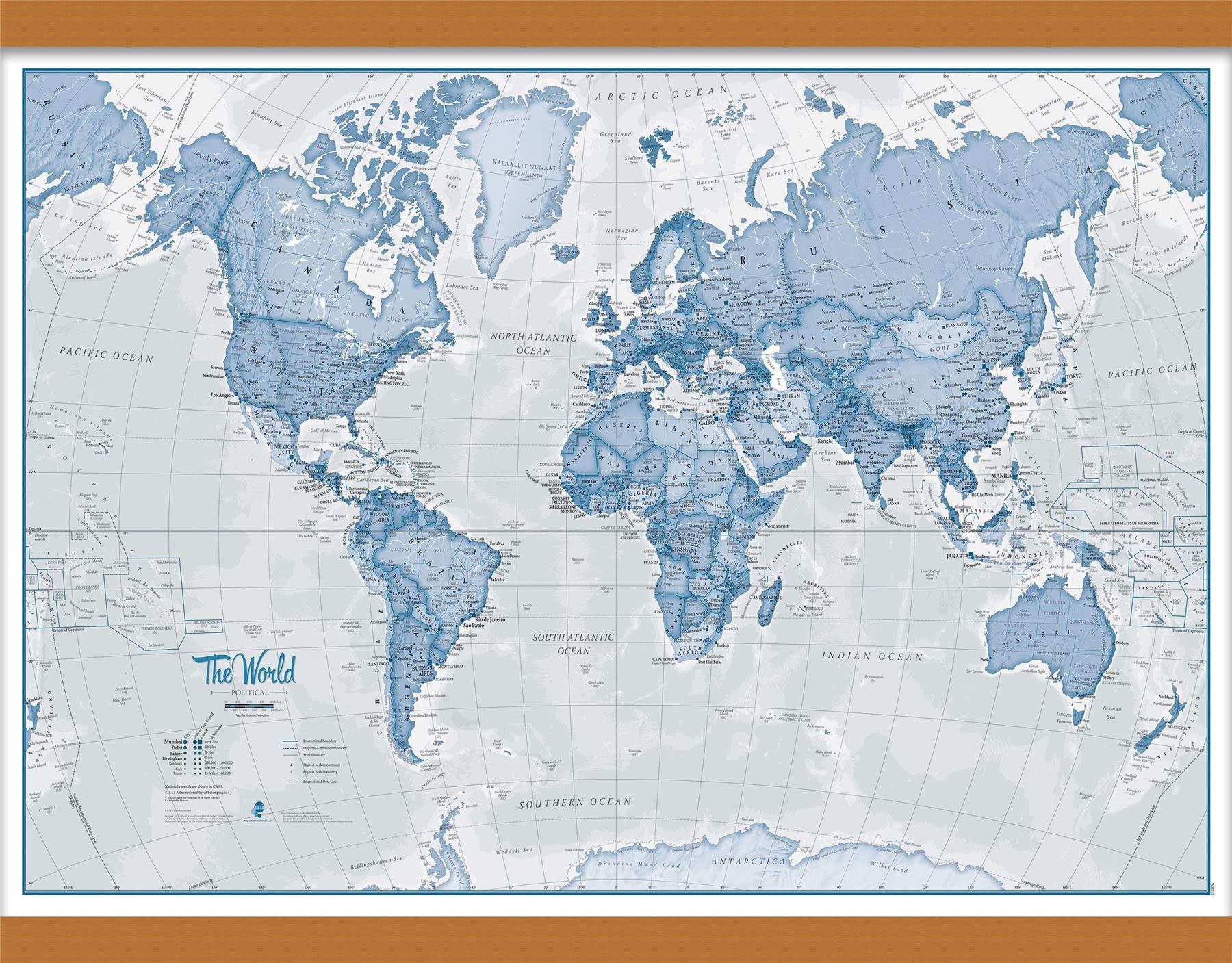 World Medium Blue Wall Map Wooden hanging bars