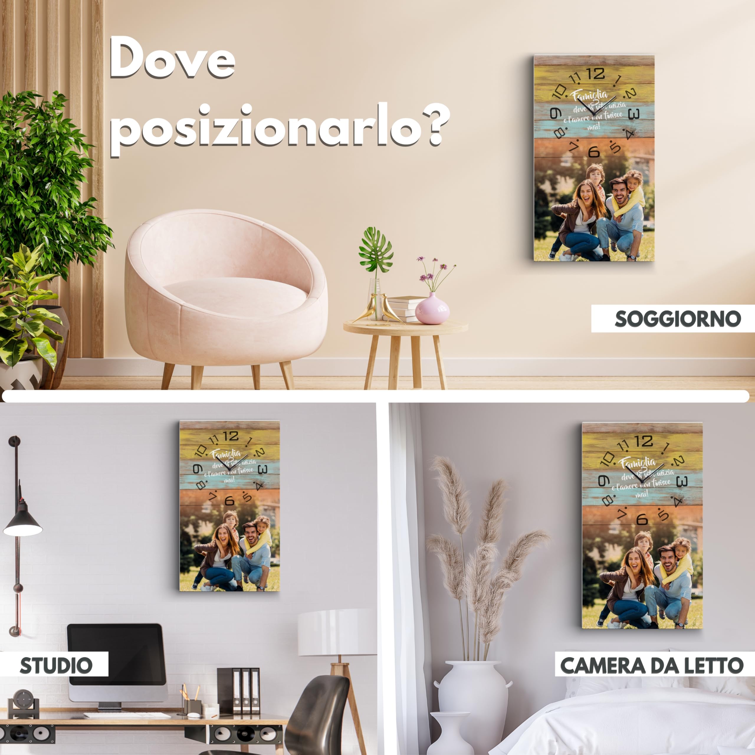 dodda - Quadro Personalizzato con Foto, Testo e Orologio con stampa in HD - Stampa Foto su Tela Personalizzata - Photo Clock Legno Colorato