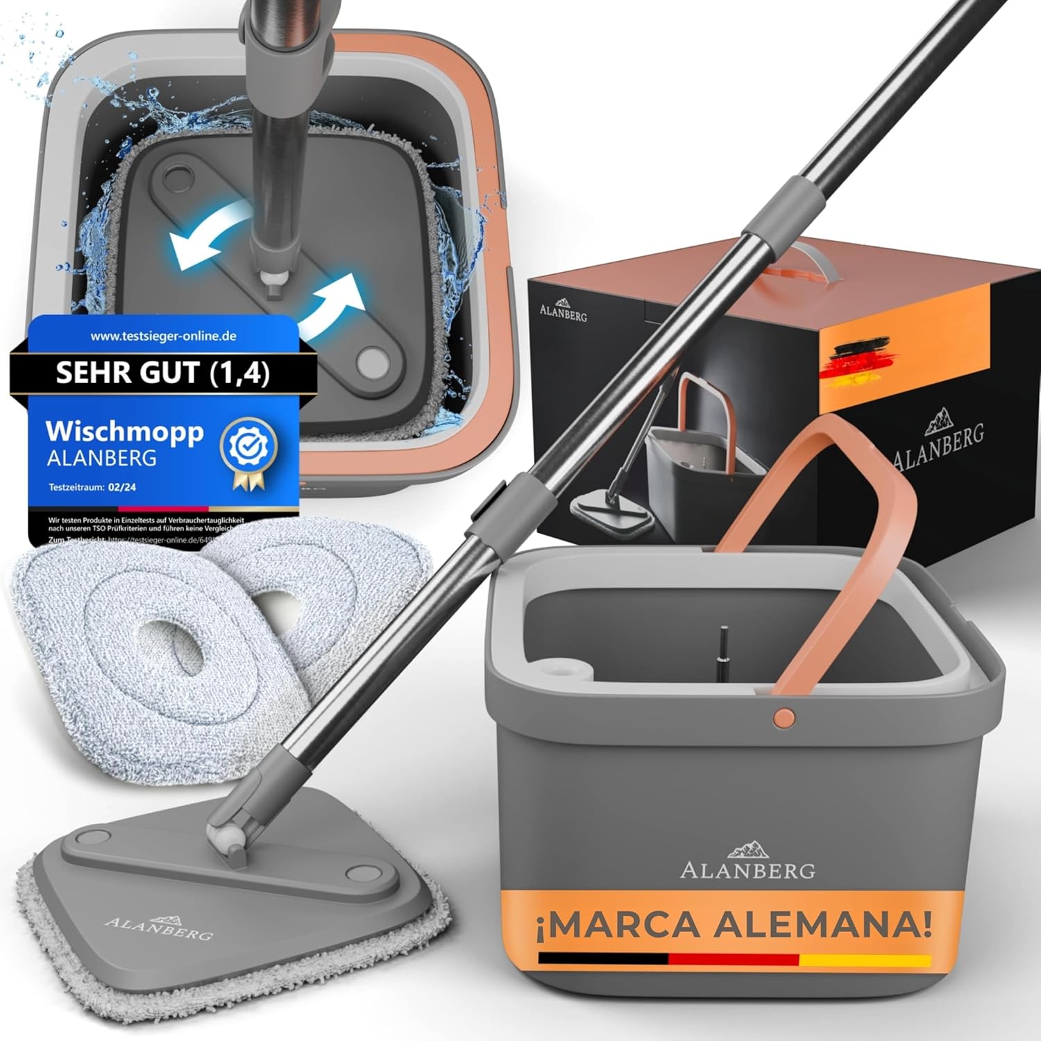 Mop and Bucket Set with 2 Compartments System for Clean and Dirty Water, Self-Draining Mop with 2 Microfiber Pads, Flat Cleaning Mop and Floor Mop, Grey – ALANBERG