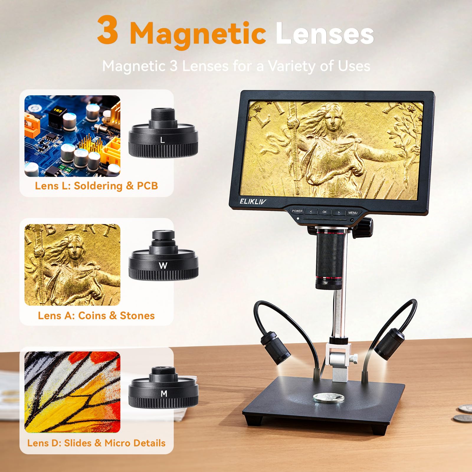 Elikliv 4K Magnetisches 3-Linsen Mikroskop: TL301 Max Münzmikroskop mit 10,1" IPS Display, Digitalmikroskop für Erwachsene, Seitenlichter, 10" Ständer, PC/TV-kompatibel, 64 GB