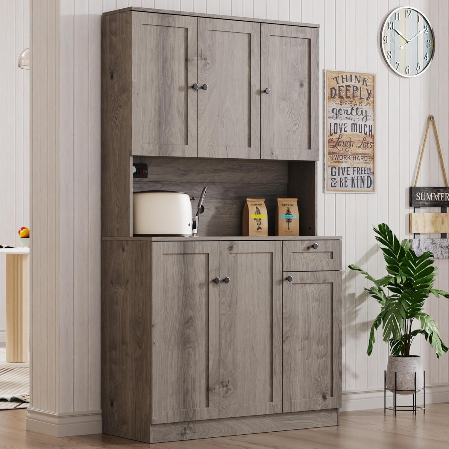 Furnify 71" H Pantry Cabinet with Charging Station, Tall Kitchen Pantry Storage Cabinet with Microwave Stand, Farmhouse Kitchen Hutch with Storage Drawer for Living Room, Dining Room, Ash Grey