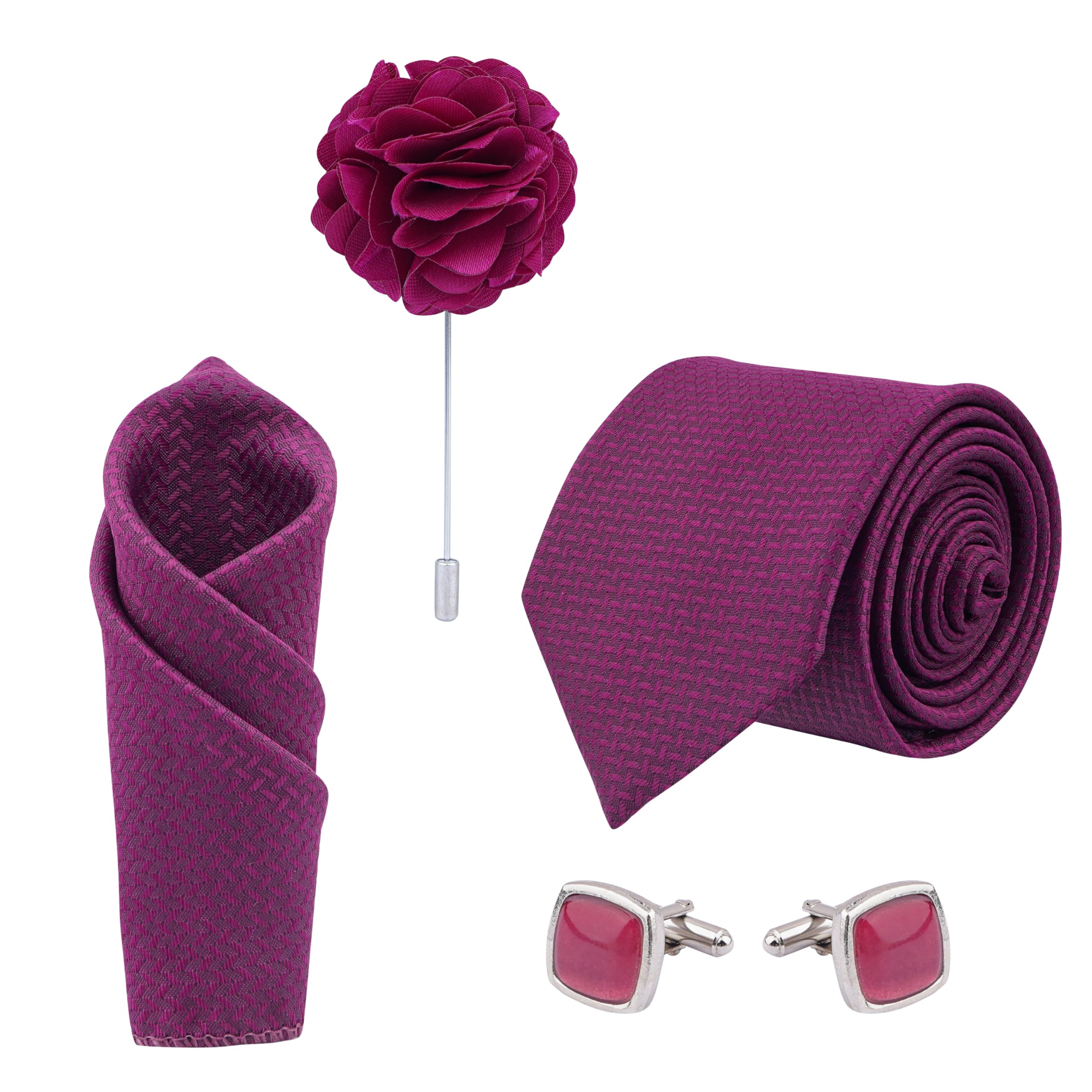calixto Maroon Microfiber criss cross pattern Necktie Gift Set With Pocket Square Cufflinks & Brooch Pin Formal Tie With Leatherite Box | (Leather Gift Box) (Pack of 4)-picture-46