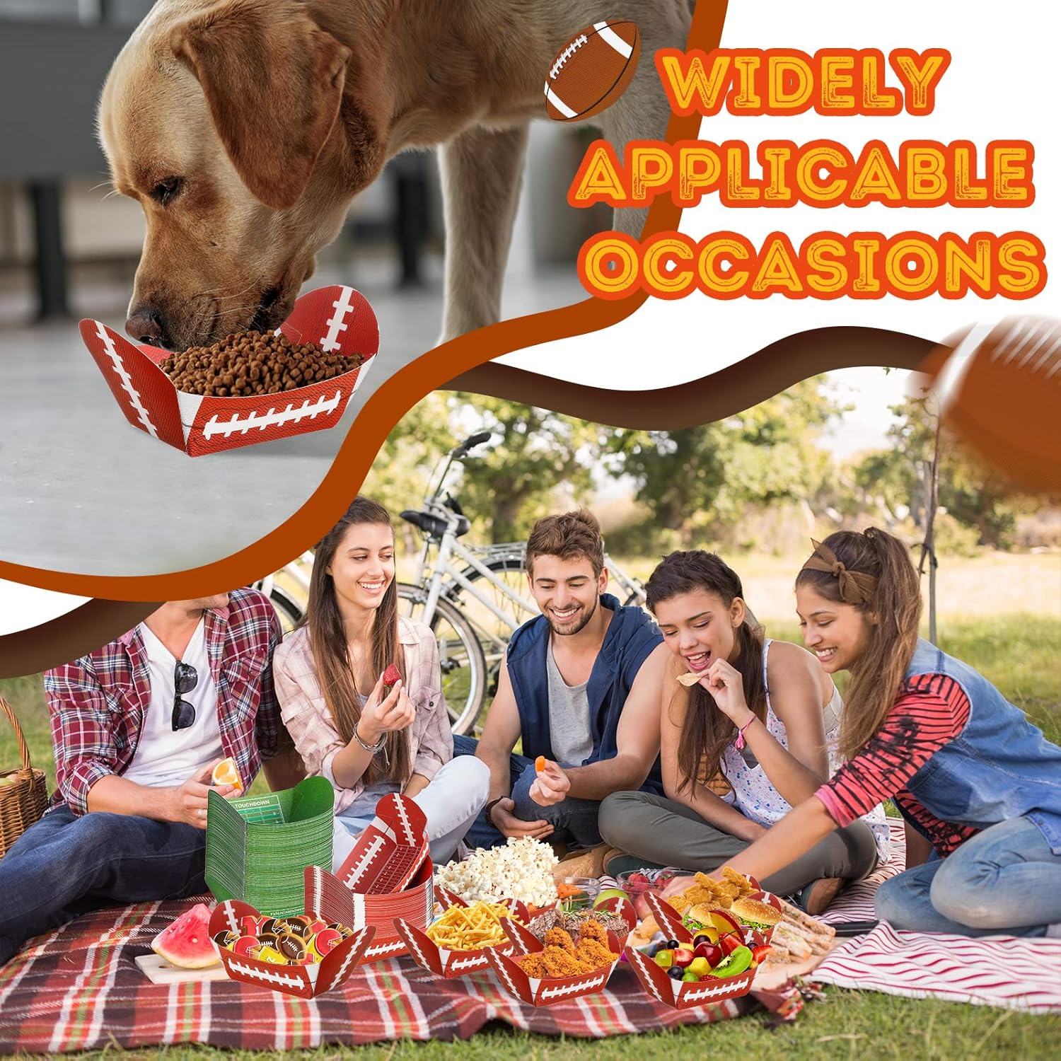Crtiin 200 Pcs Football Paper Bowl Snack Bowls Party Supplies Food Trays Nacho Disposable Serving Trays for Tailgate Party Decorations(Football, Grass)