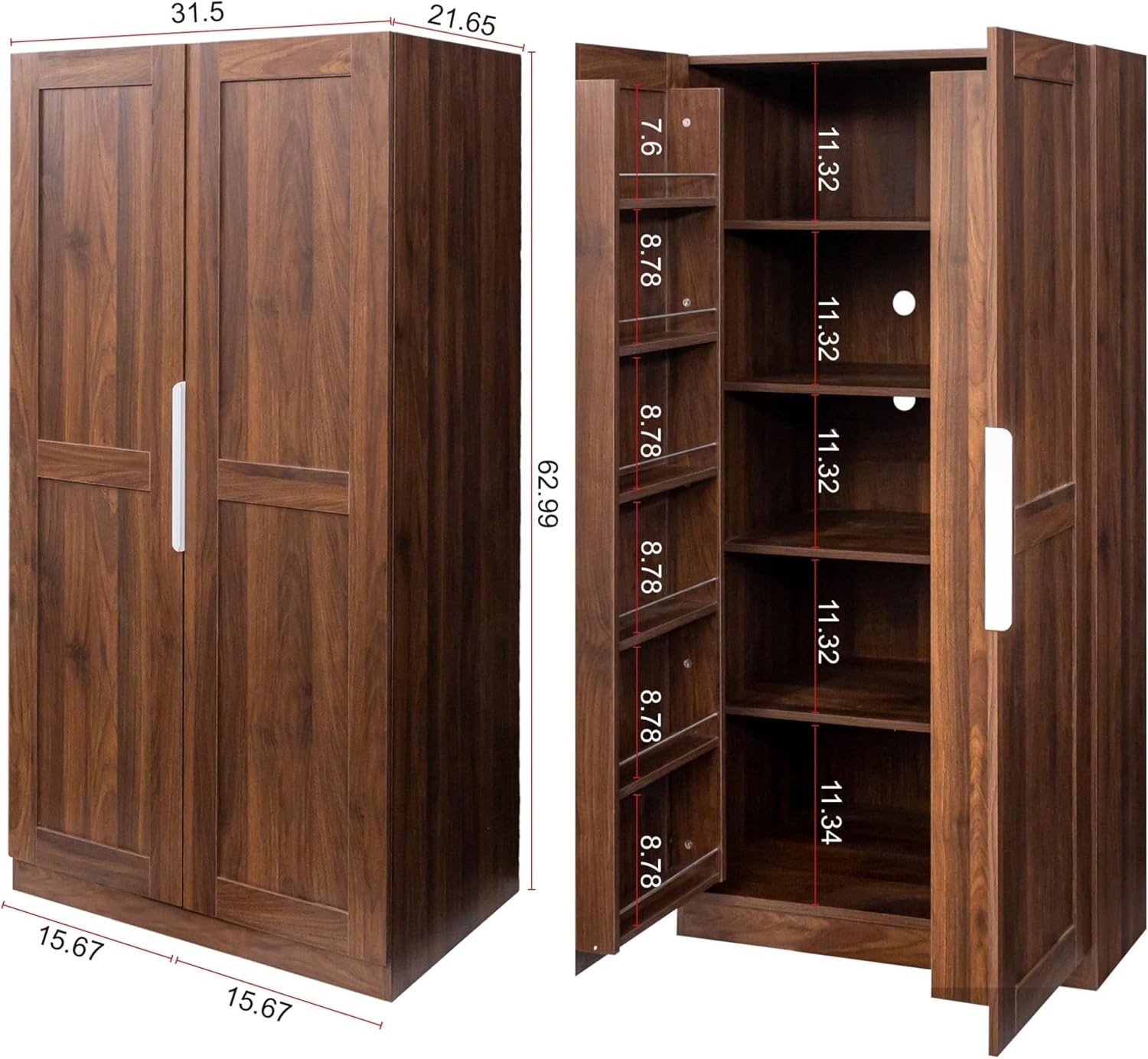 22 inch Deep Kitchen Pantry Cabinet Storage Organizer with Fridge Space,Wood White Food Kitchen Cupboard with 12 Door Shelves Storage Dining Room Furniture (Walnut)