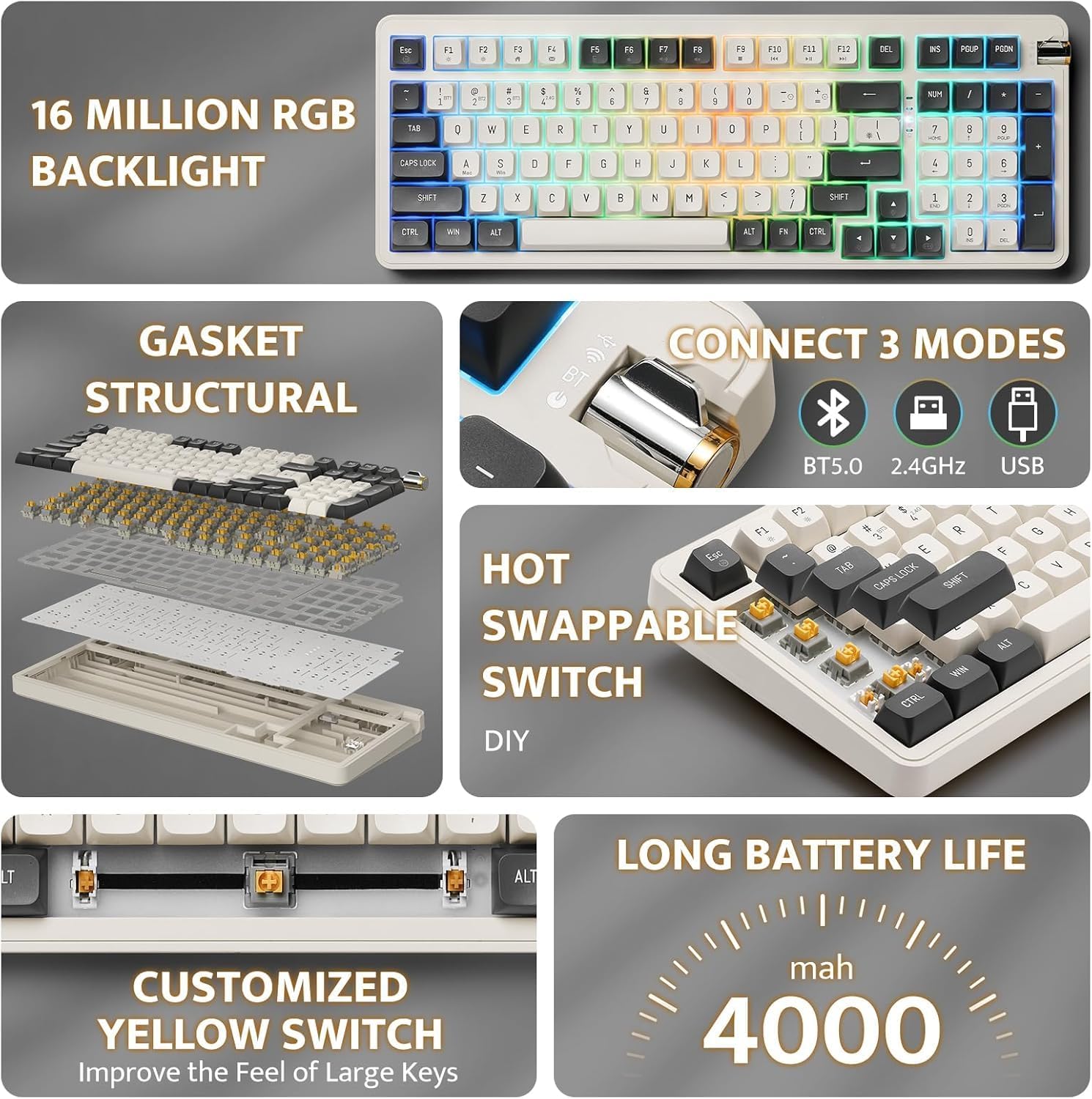 Detailed view of the Aigo AG98 keyboard highlighting key features: Gasket structural design, 3 connection modes (BT5.0, 2.4GHz, USB), hot-swappable switches, customized yellow switches for improved feel, and a long battery life of 4000mAh.