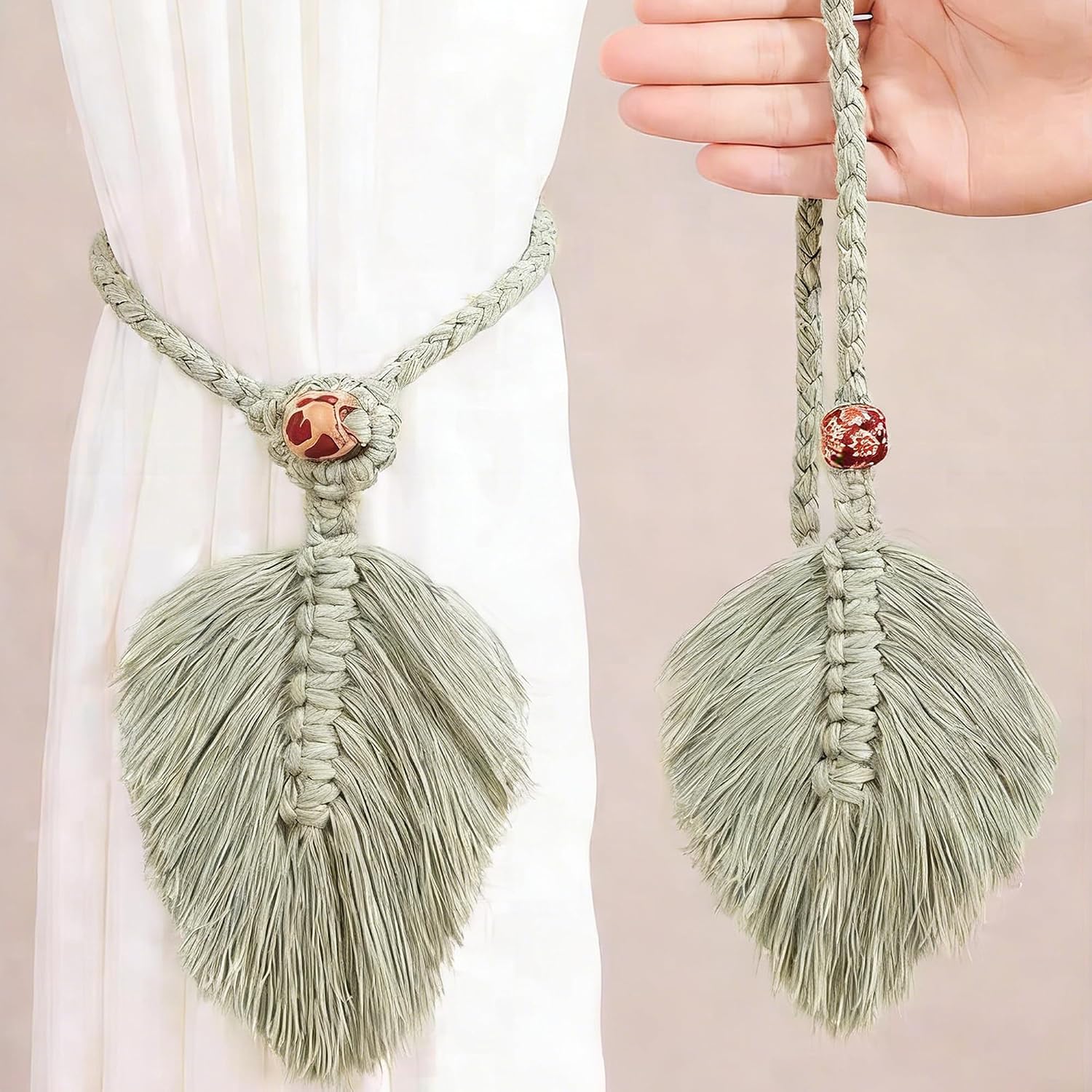 2 Pack Boho Curtain Tiebacks, Handmade Cotton Rope Curtain Holdbacks with Natural Wooden Beads, Adjustable No Drill Drapery Ties for Farmhouse Living Room Bedroom Decor (Green)