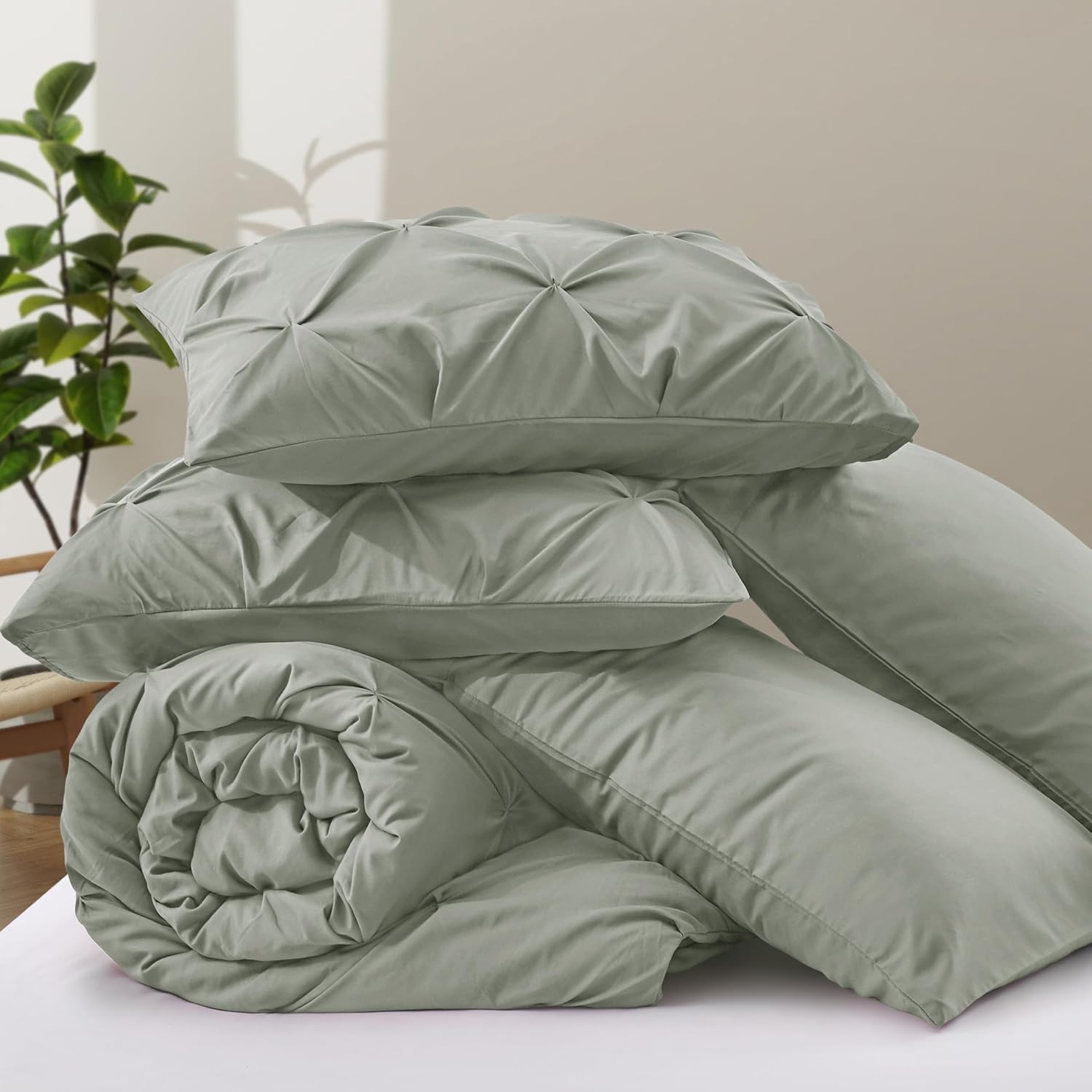 VACVELT 5 Piece Pinch Pleated Duvet Cover Full/Queen Size Set, Light Gray Pintuck Duvet Cover with Zipper & 8 Ties, Shabby Chic Microfiber + 2 Pillow Shams + 2 Pillowcases, No Comforter