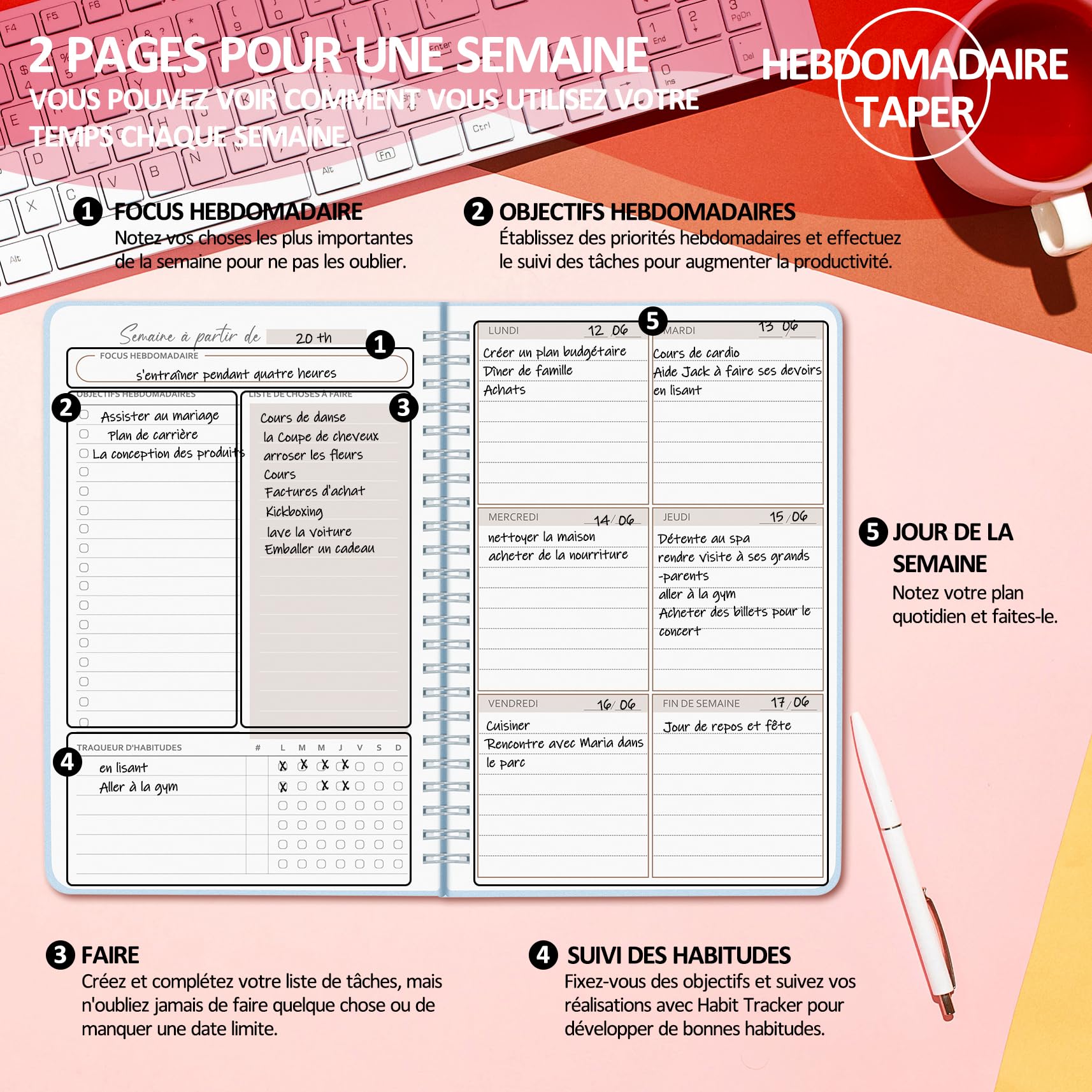 BIROYAL Agenda hebdomadaire non daté, A5 format, Agenda hebdomadaire with list de choses à faire, grand champ de notes - Image 3