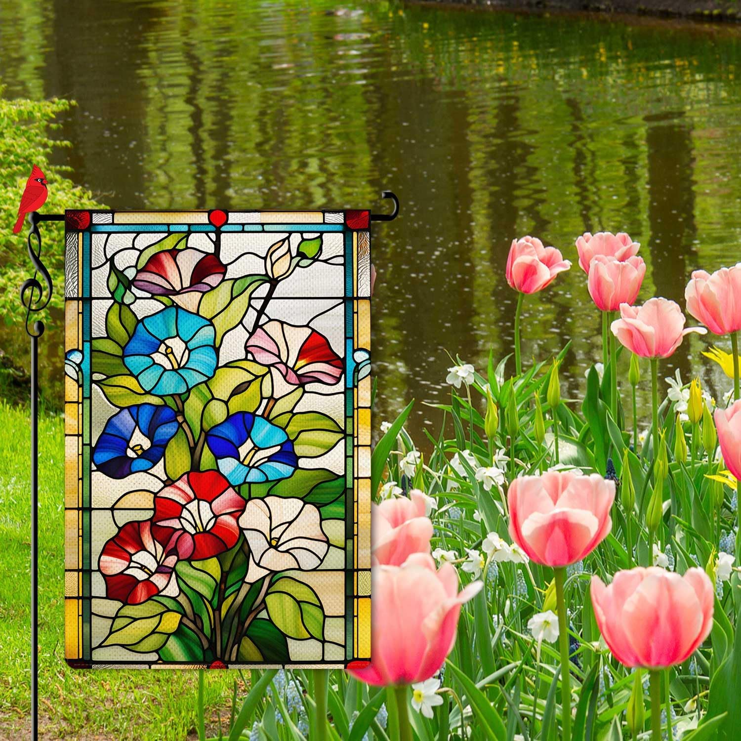 Spring Colorful Morning Glory Garden Flag Stained Glass Style Spring Summer Floral Flower Small Flag for Outside Burlap Double Sided Farmland Welcome Yard Lawn Winter Decor 12.5x18" - Image 2