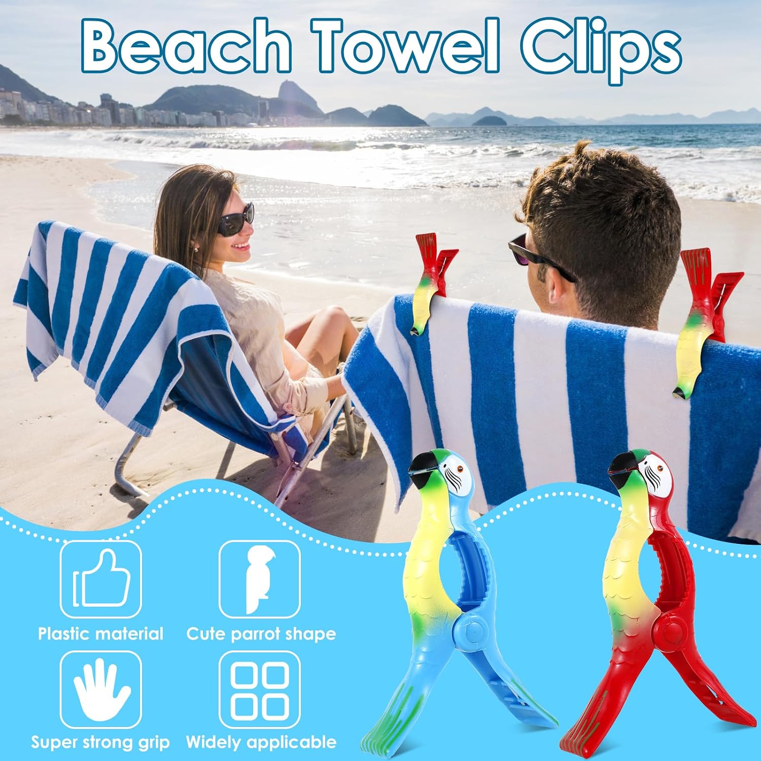 4Pcs Beach Towel Clips Cute Parrot Clothes Pins Portable Chair Towel Clamps Reusable Beach Towel Pegs Plastic Towel Holder Clips for Beach Chair Towel Clothes Blankets
