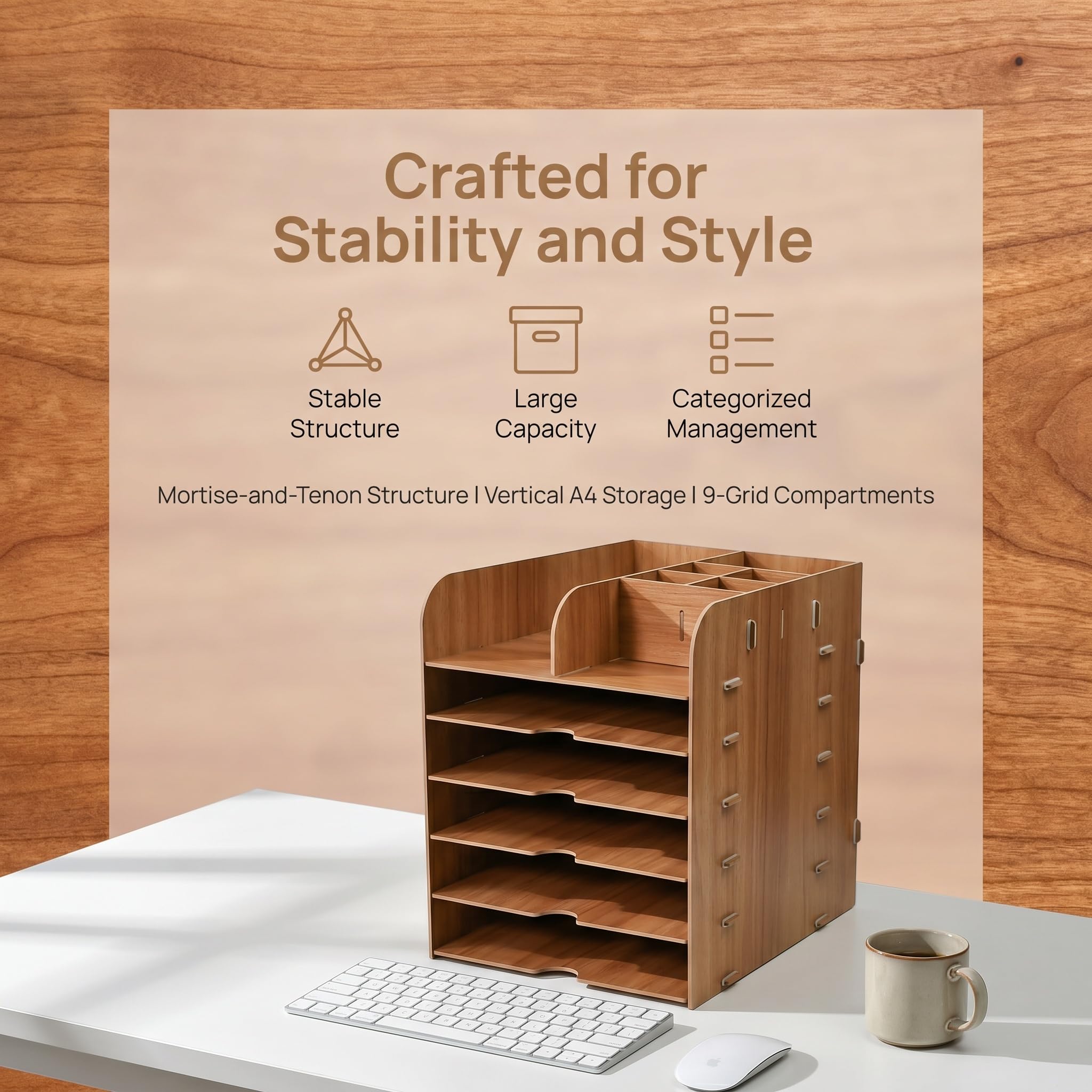 Organiseur de bureau à 5 compartiments en bois avec porte-stylo, porte-documents A4, porte-courrier, porte-magazines, porte-papier, classeur A4, pour bureau, maison, bureau, école, bureau