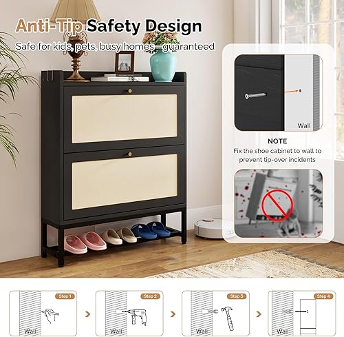 Miniatura 8 de Armario delgado de almacenamiento de zapatos de entrada con 2 cajones abatibles, moderno organizador de zapatos independiente con capacidad para